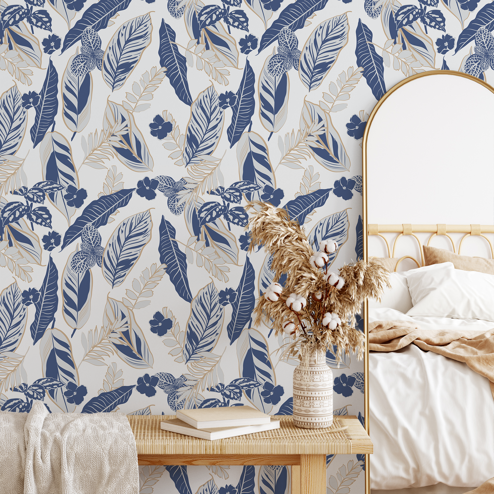 Botanical Wallpaper With Tropical Foliage And Flowers In Blue, Beige, And Gray - B424