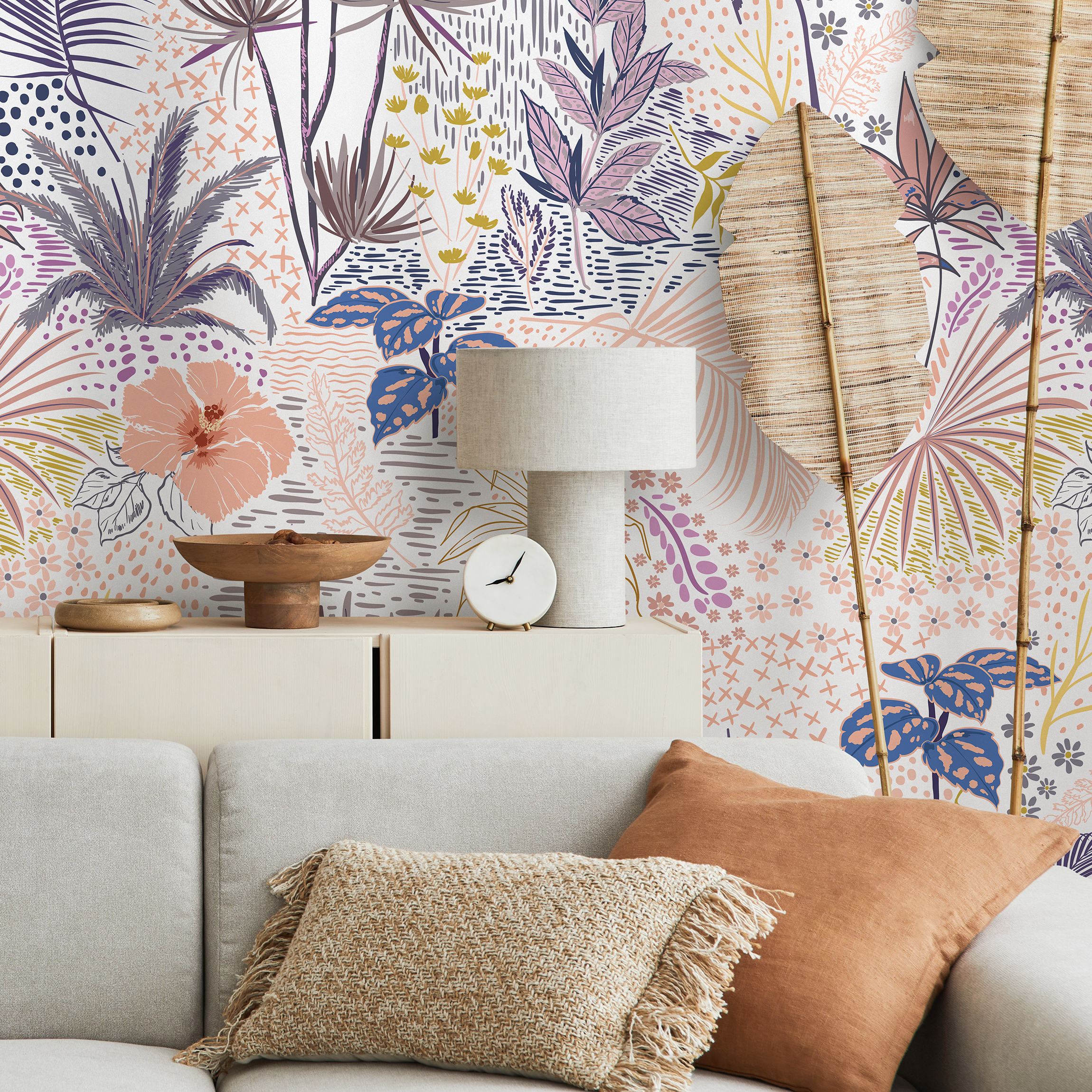 Tropical Wallpaper With Palm Leaves And Hibiscus In Pink, Purple, And Blue - B431