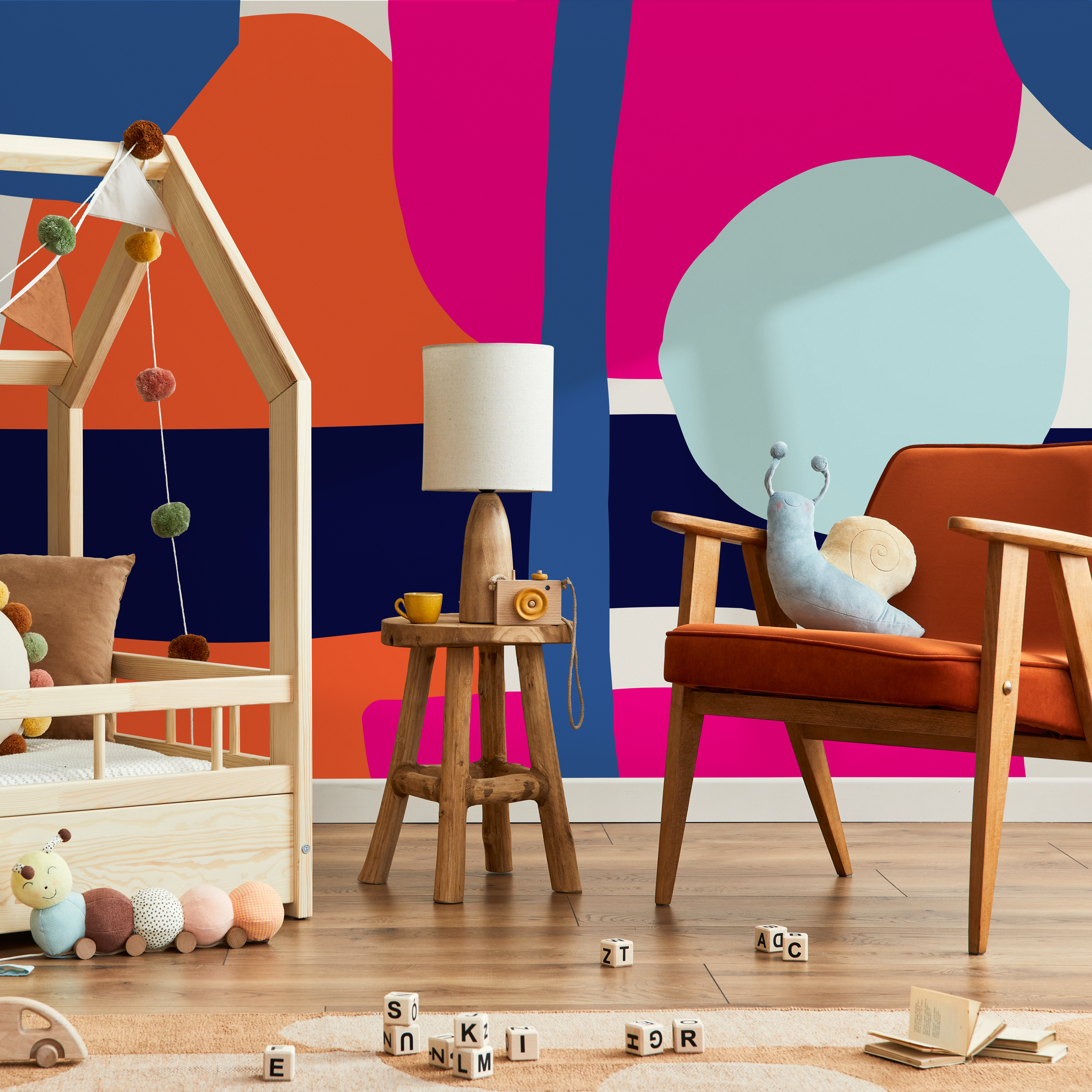 Abstract Wallpaper With Bold Overlapping Shapes In Pink, Blue, And Orange - B433