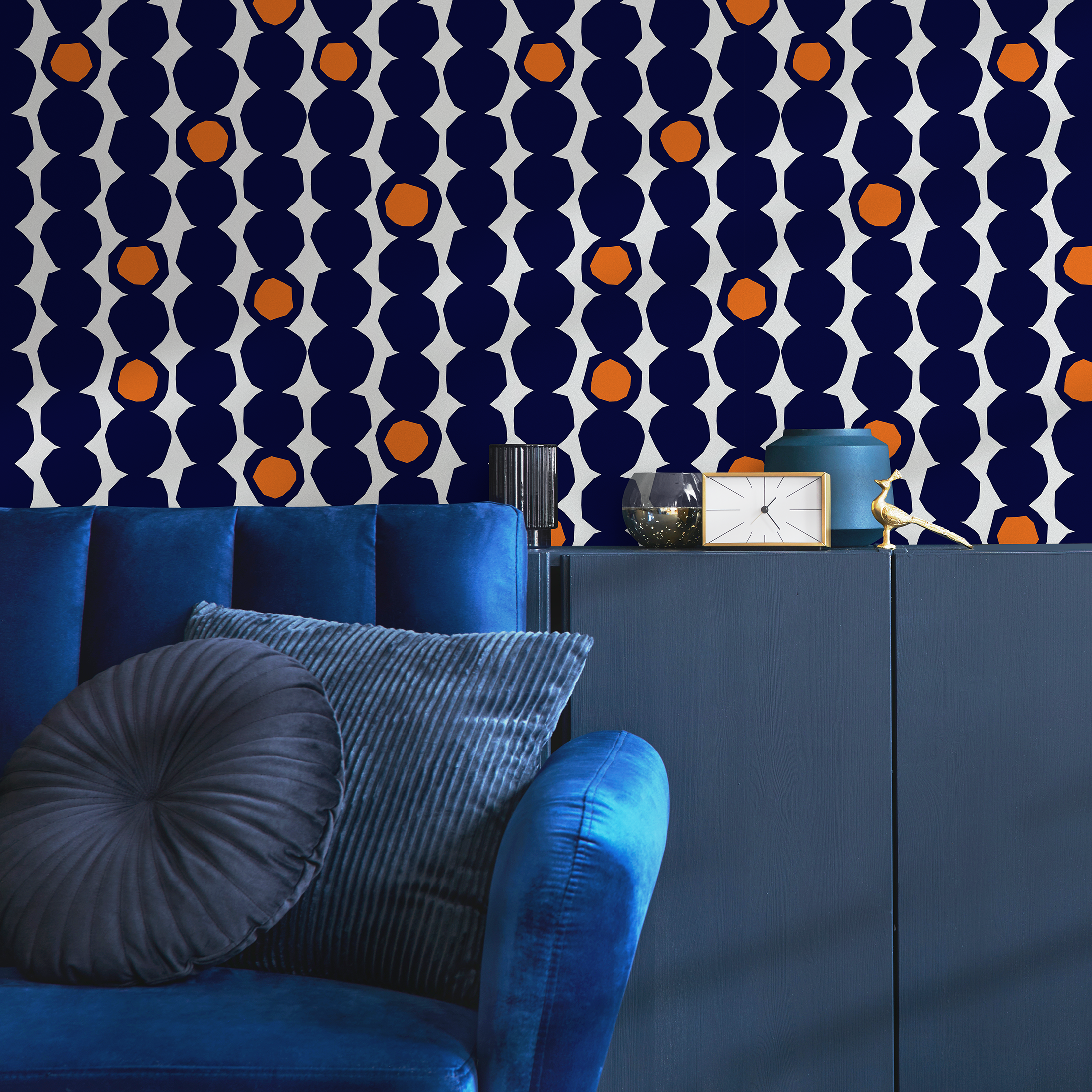 Geometric Wallpaper With Faceted Circles In Navy Blue And Orange - B434