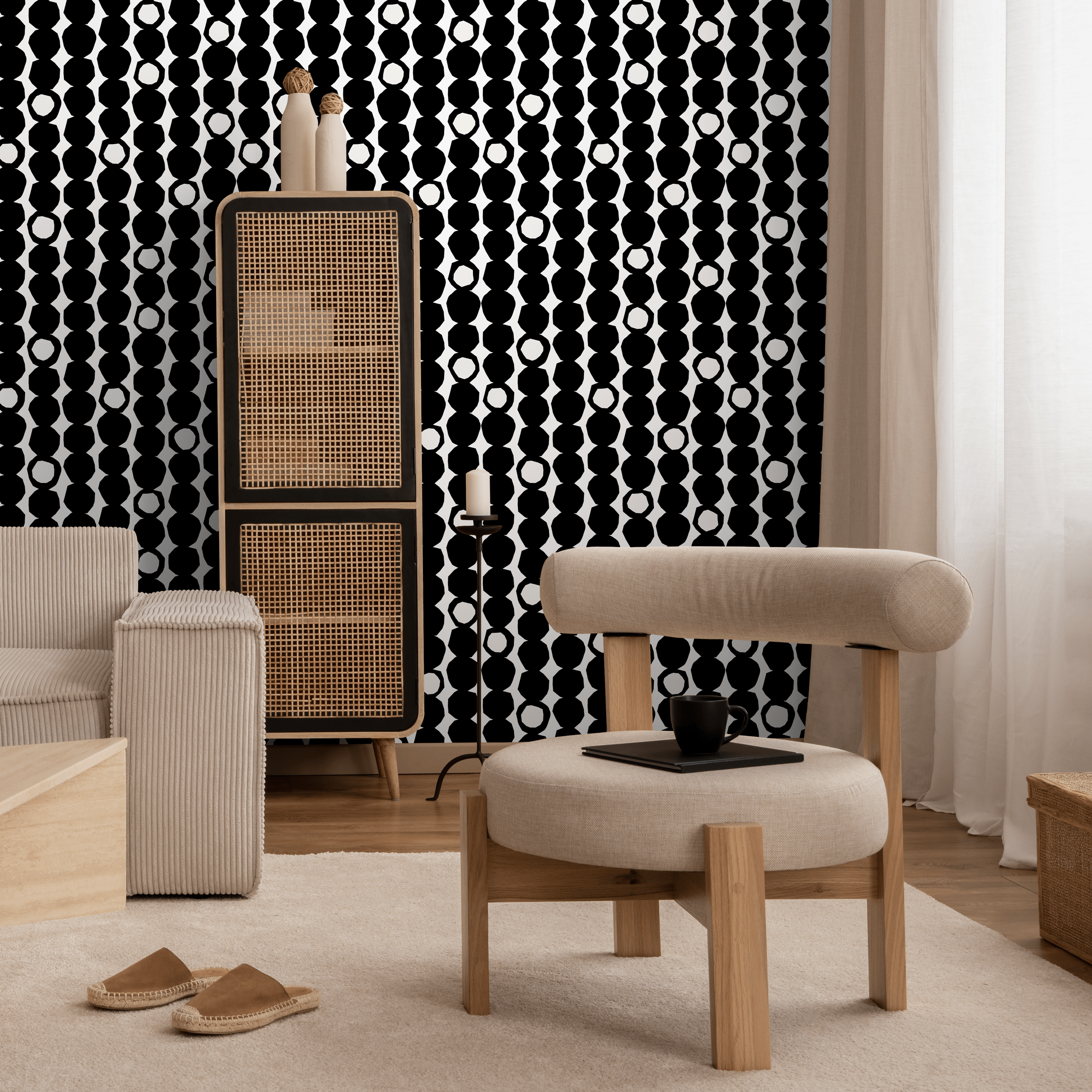 Geometric Wallpaper With Irregular Stacked Dots In Black And White - B435