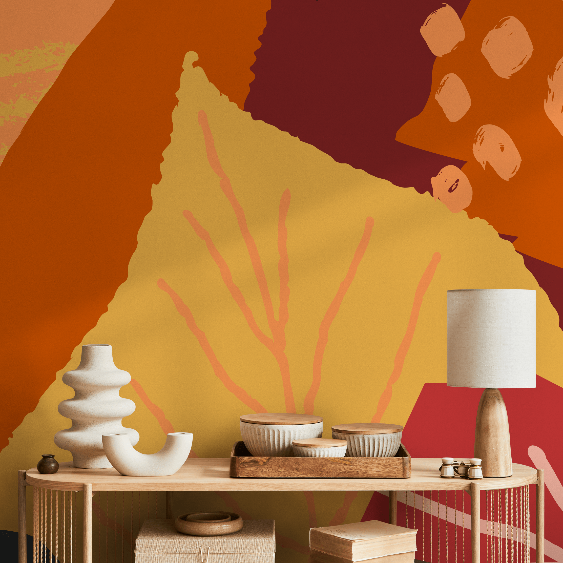 Abstract Wallpaper With Overlapping Autumnal Shapes In Orange, Yellow, And Red - B436