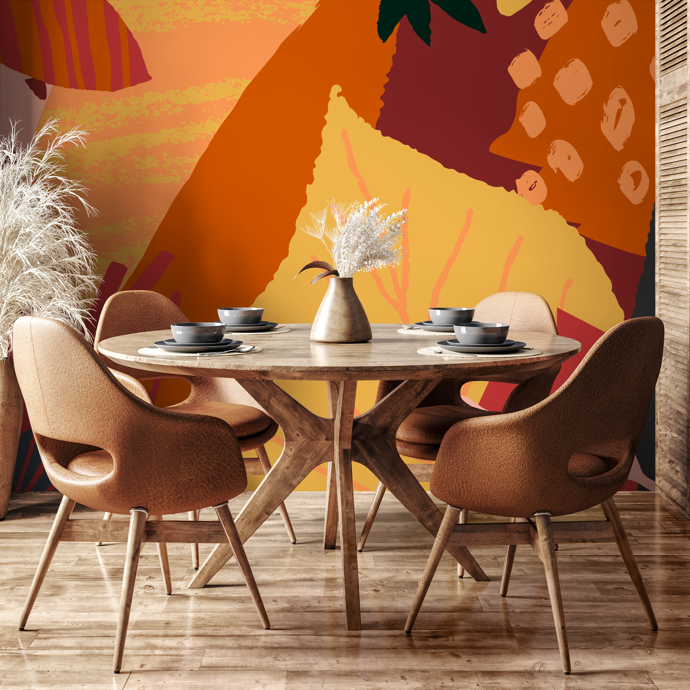 Abstract Wallpaper With Overlapping Autumnal Shapes In Orange, Yellow, And Red - B436