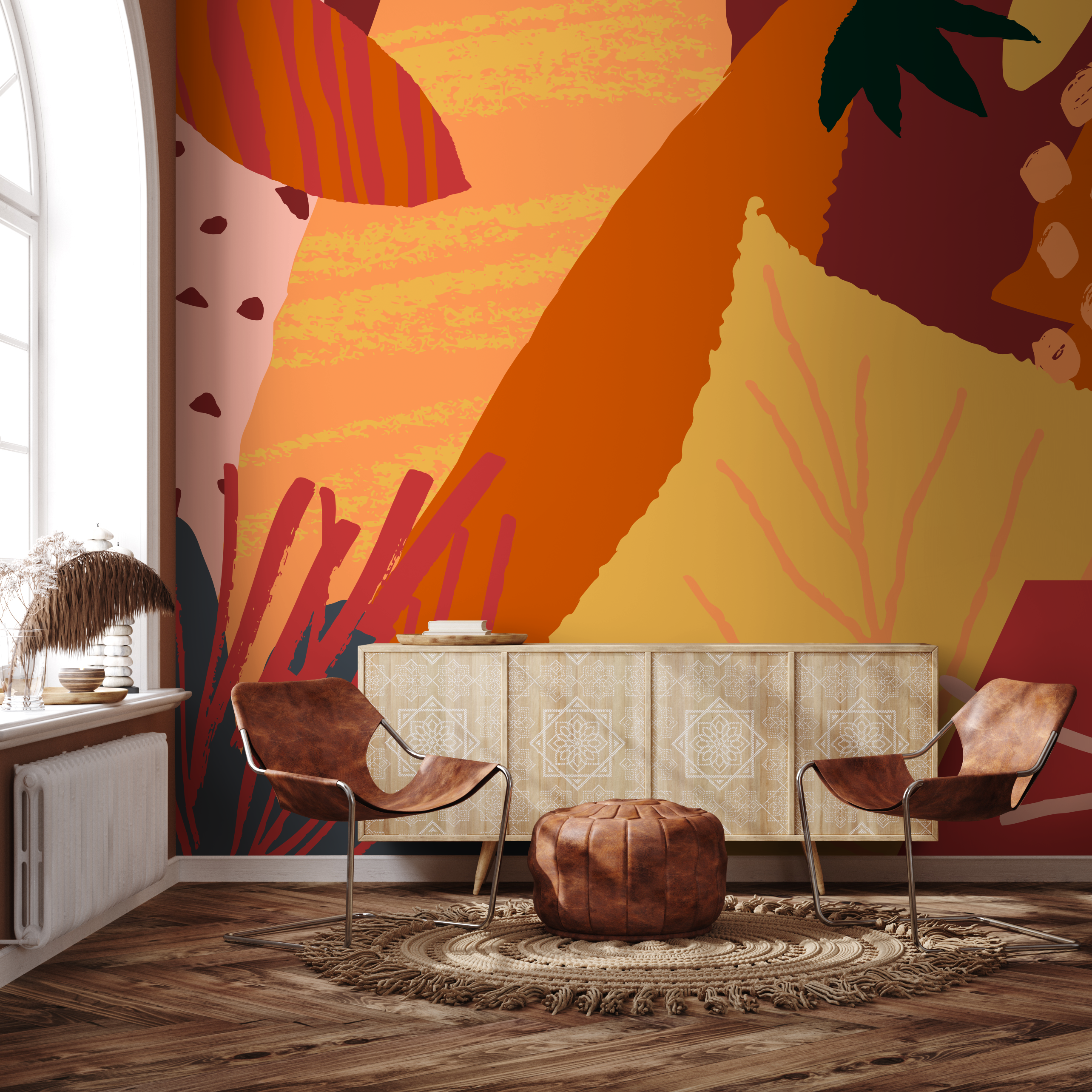 Abstract Wallpaper With Overlapping Autumnal Shapes In Orange, Yellow, And Red - B436