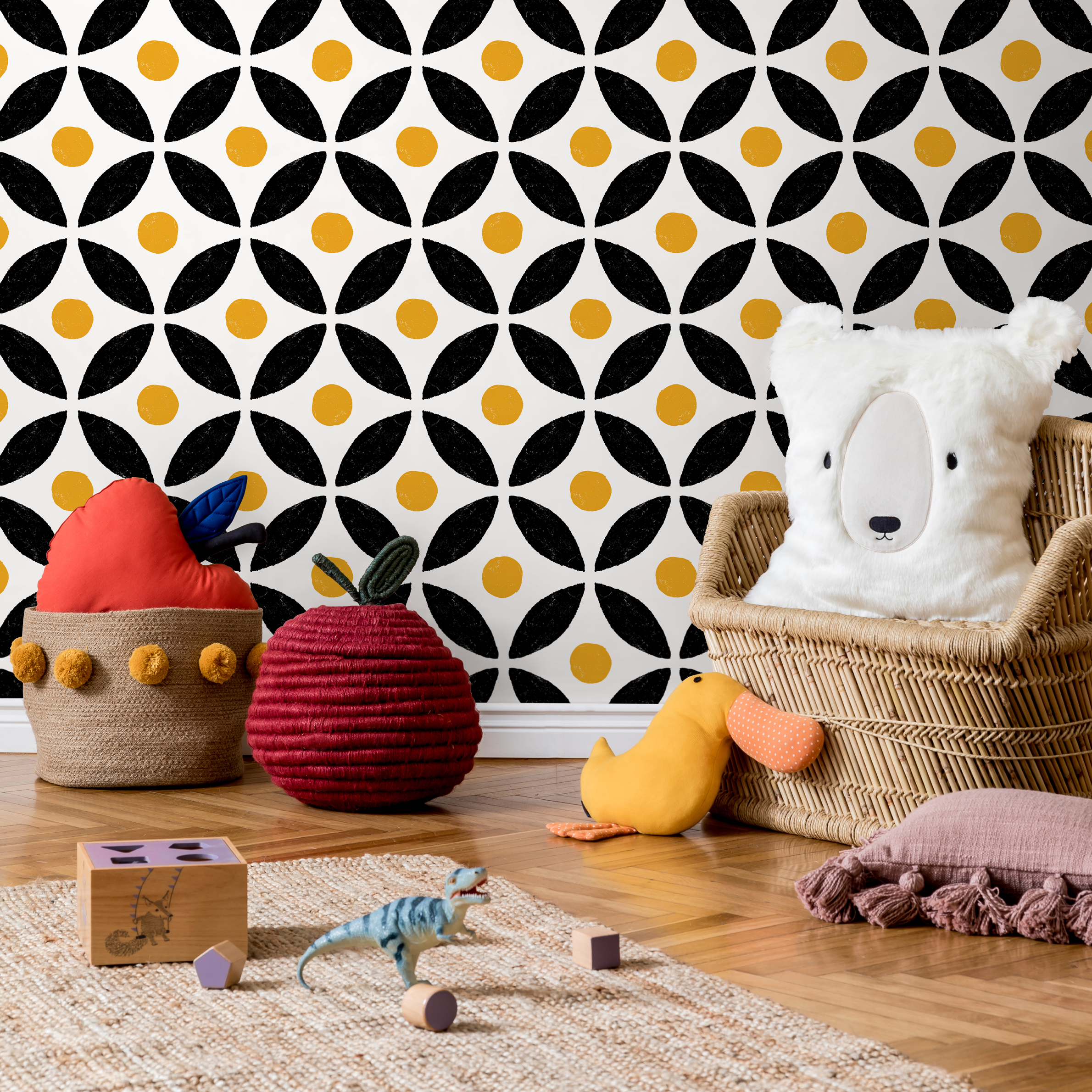 Geometric Wallpaper With A Stamped Petal Grid In Black And Yellow - B437