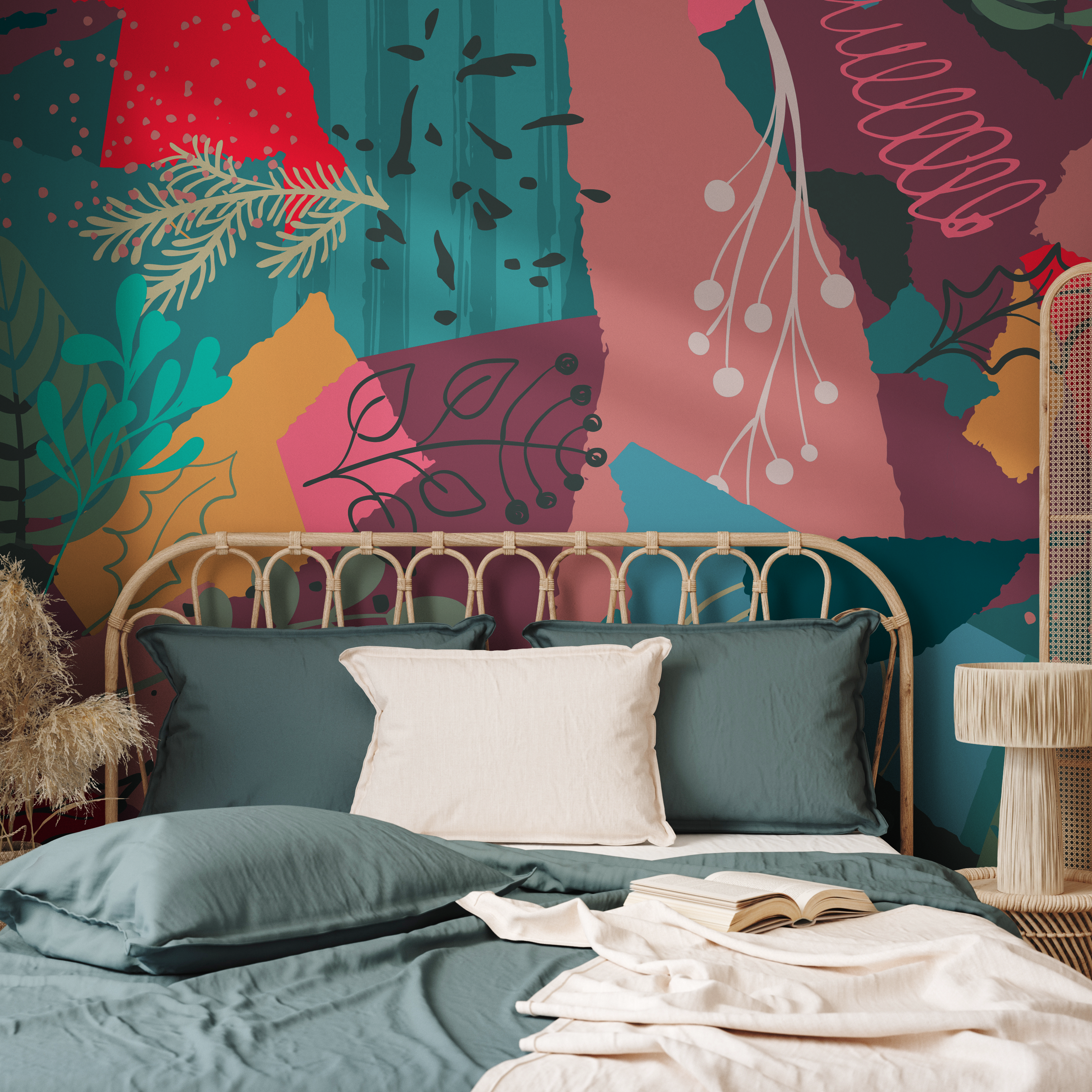 Abstract Wallpaper With A Botanical Collage In Teal, Red, And Pink - B438