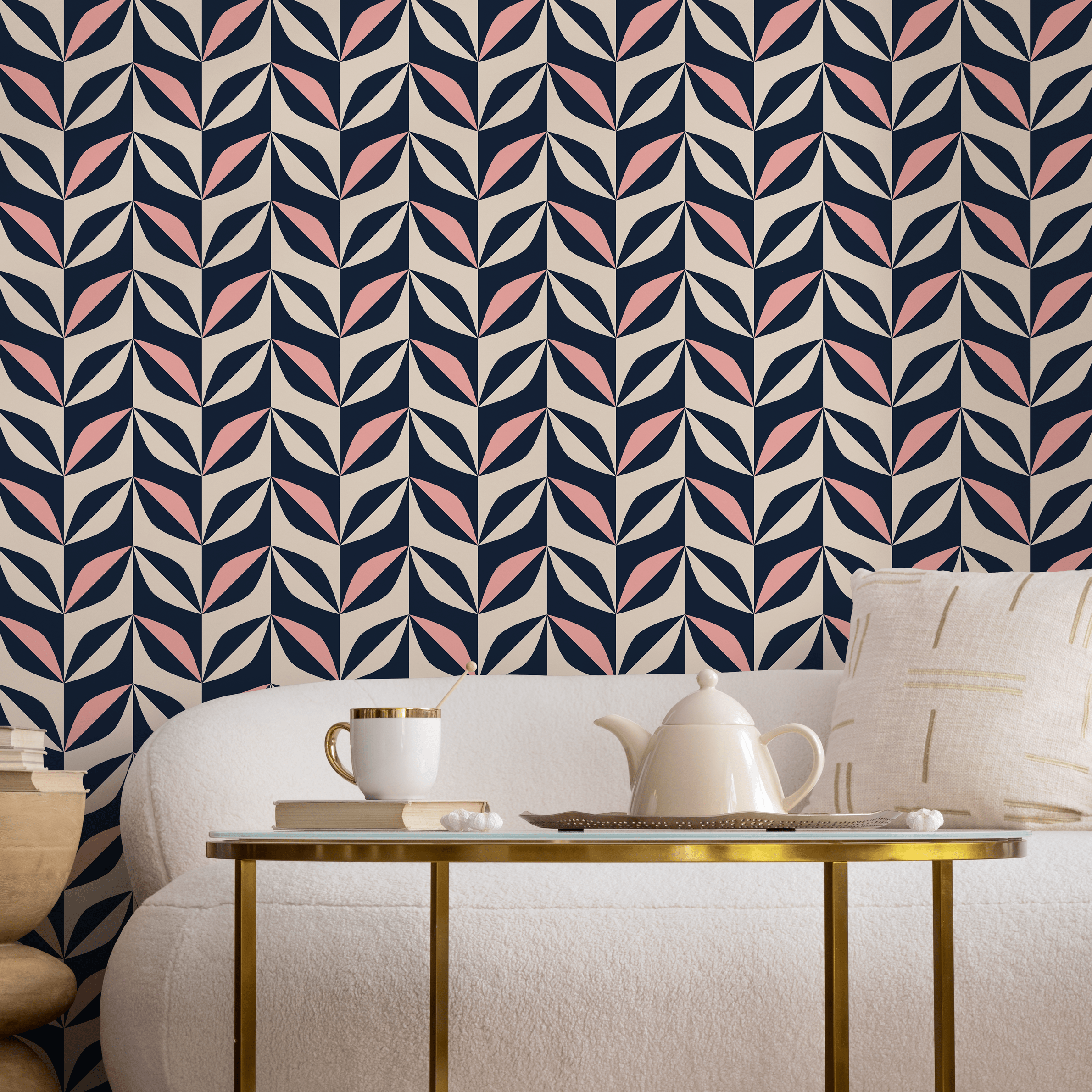 Geometric Wallpaper With A Retro Petal Motif In Navy Blue, Pink, And Beige - B439