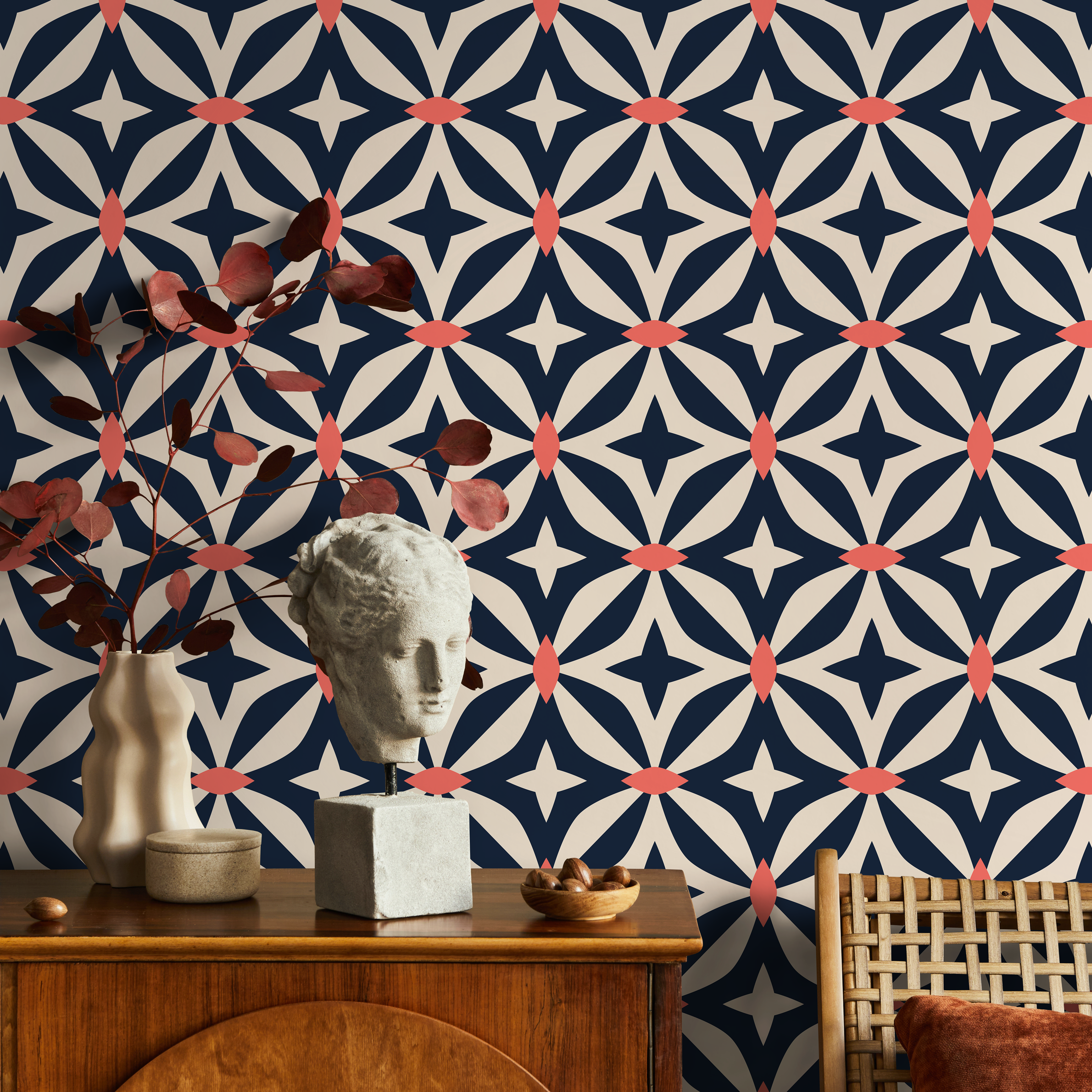 Geometric Wallpaper With A Retro Star Motif In Navy Blue And Coral - B440