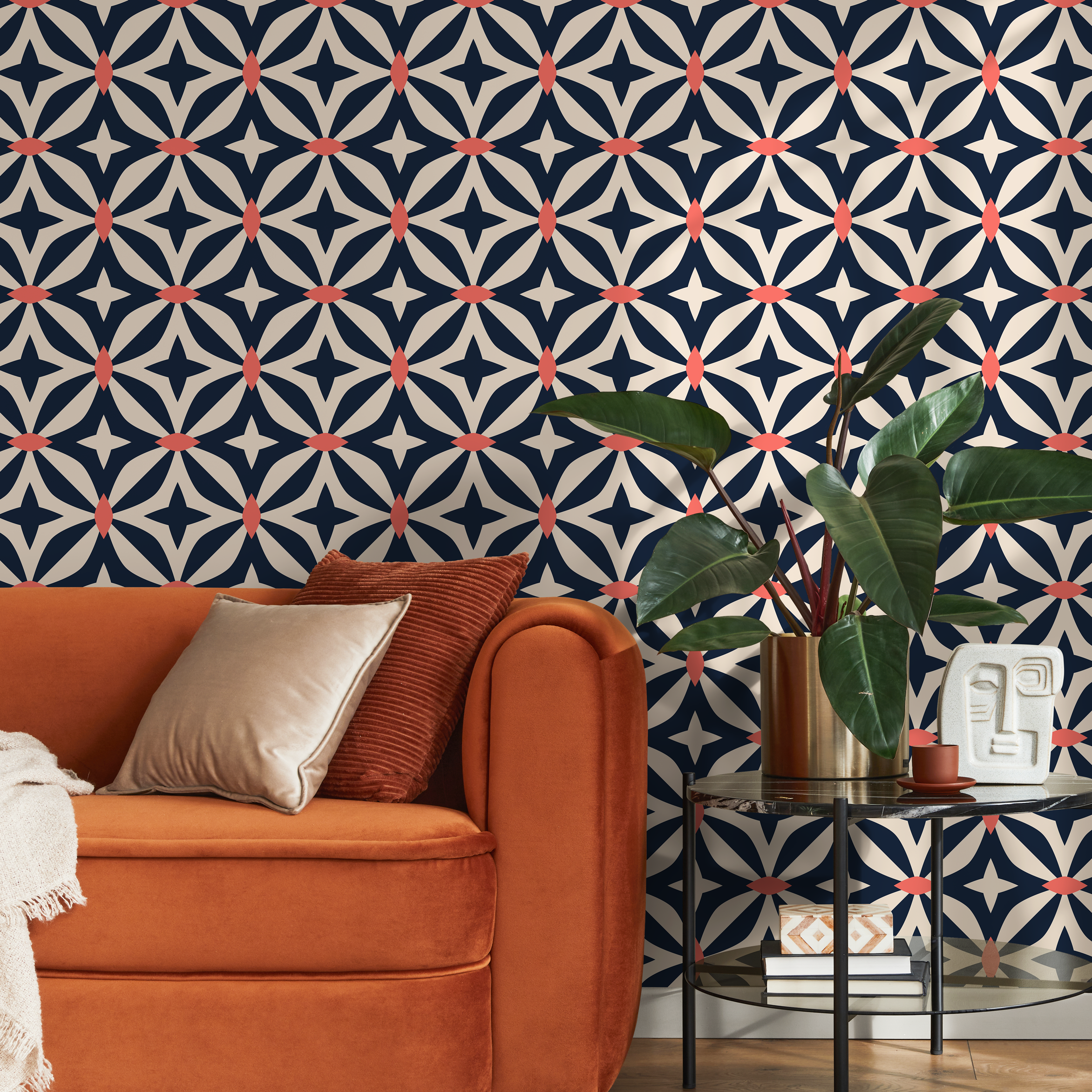 Geometric Wallpaper With A Retro Star Motif In Navy Blue And Coral - B440