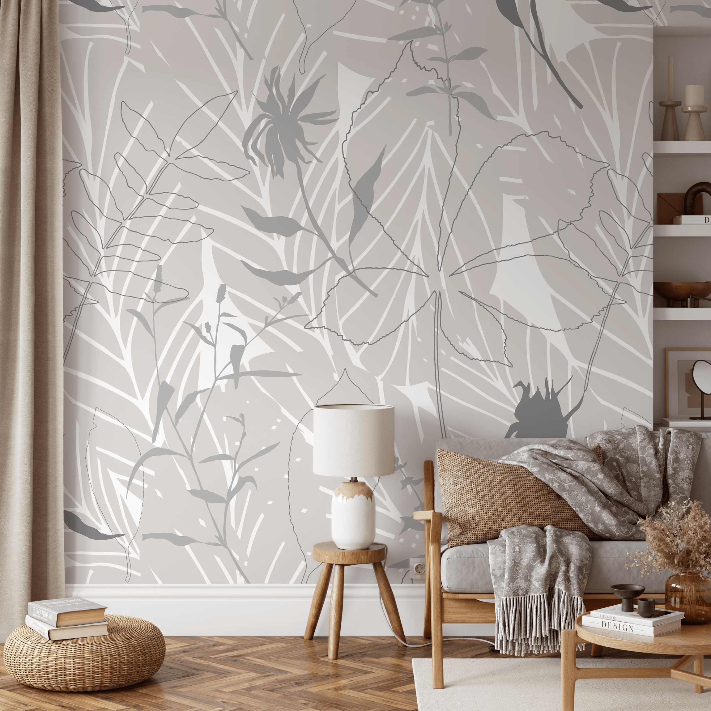 Botanical Wallpaper With An Abstract Foliage Motif In Taupe And Gray - B441