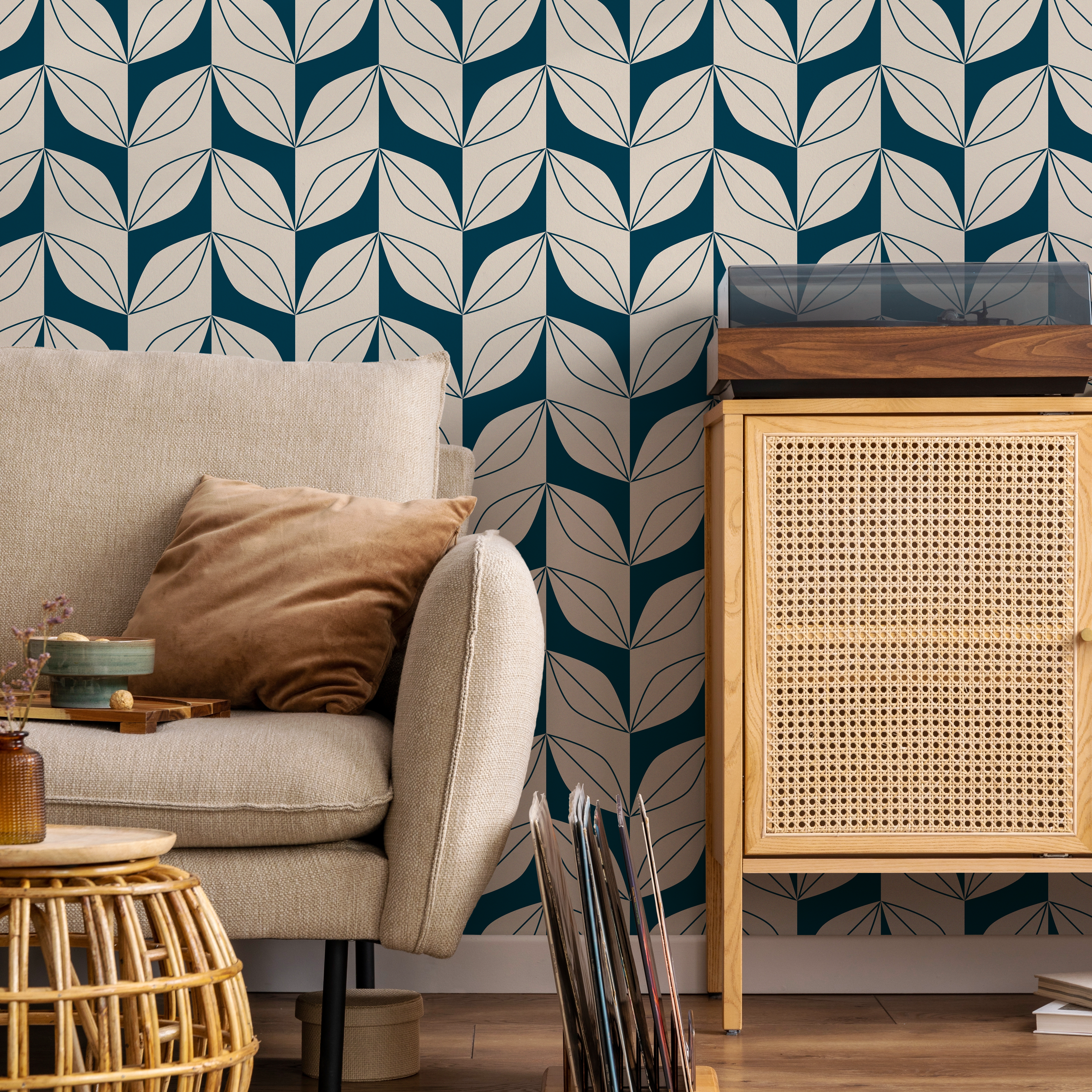 Geometric Wallpaper With A Stylized Leaf Motif In Teal And Beige - B442