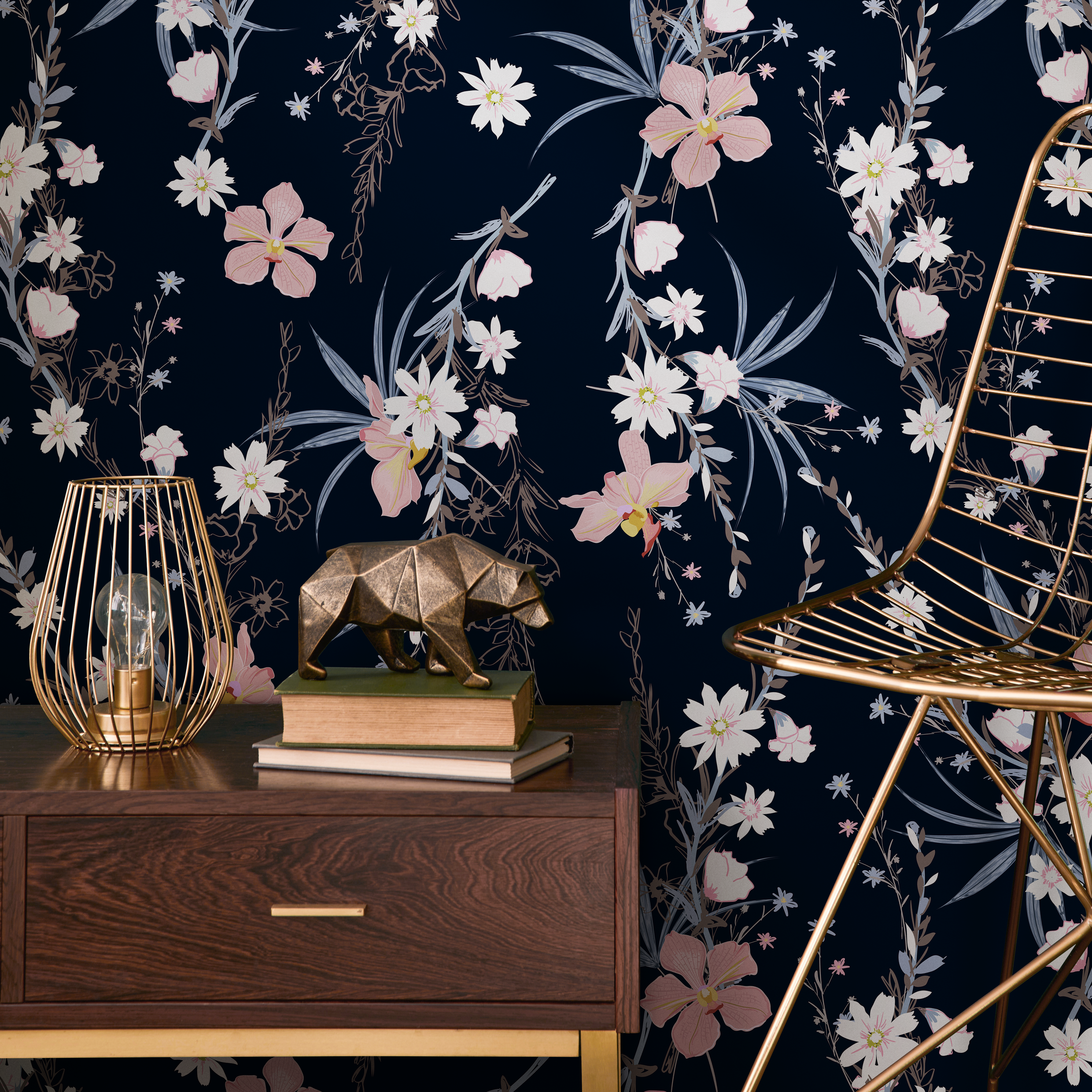 Floral Wallpaper With Delicate Wildflowers In Pink, White, And Blue - B443