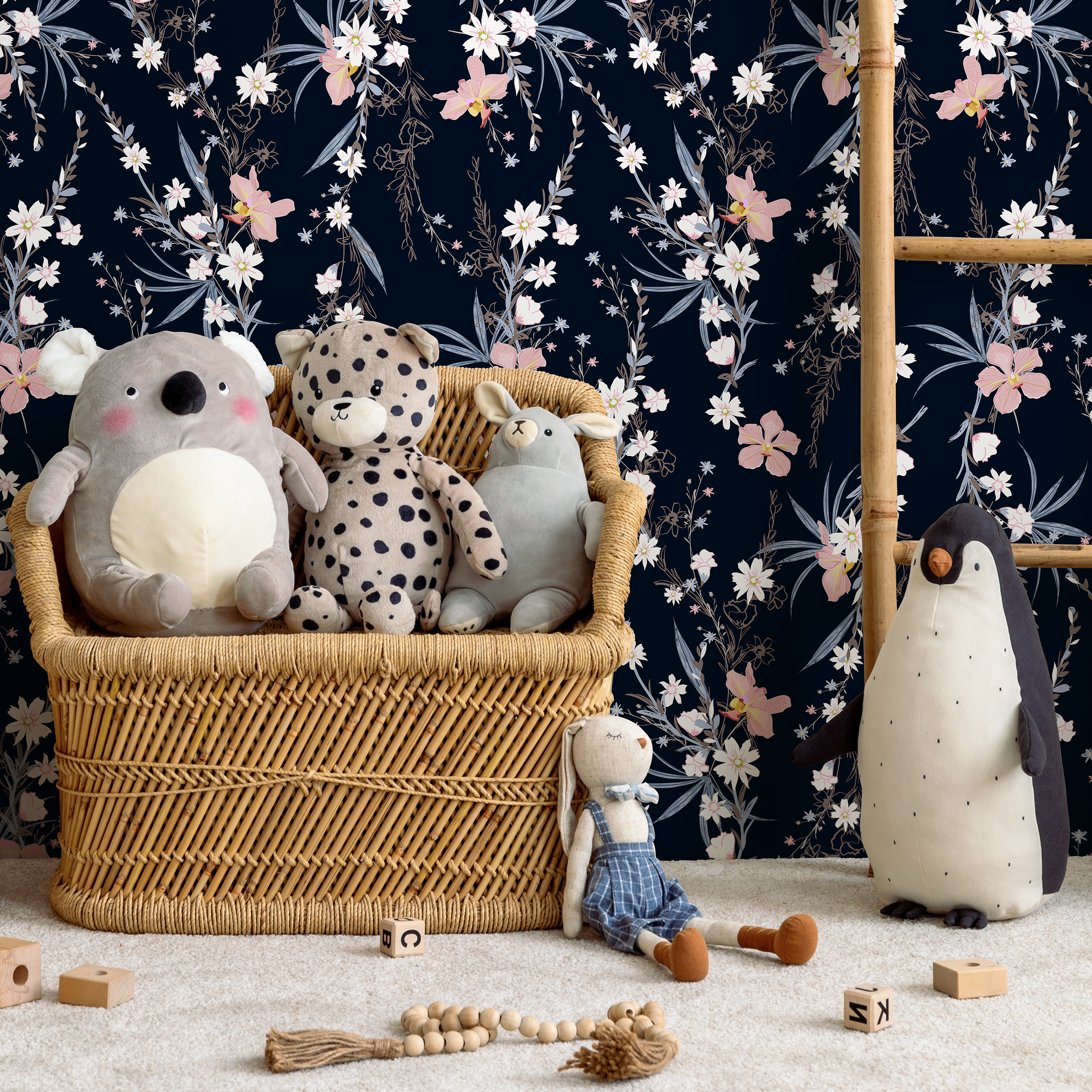 Floral Wallpaper With Delicate Wildflowers In Pink, White, And Blue - B443