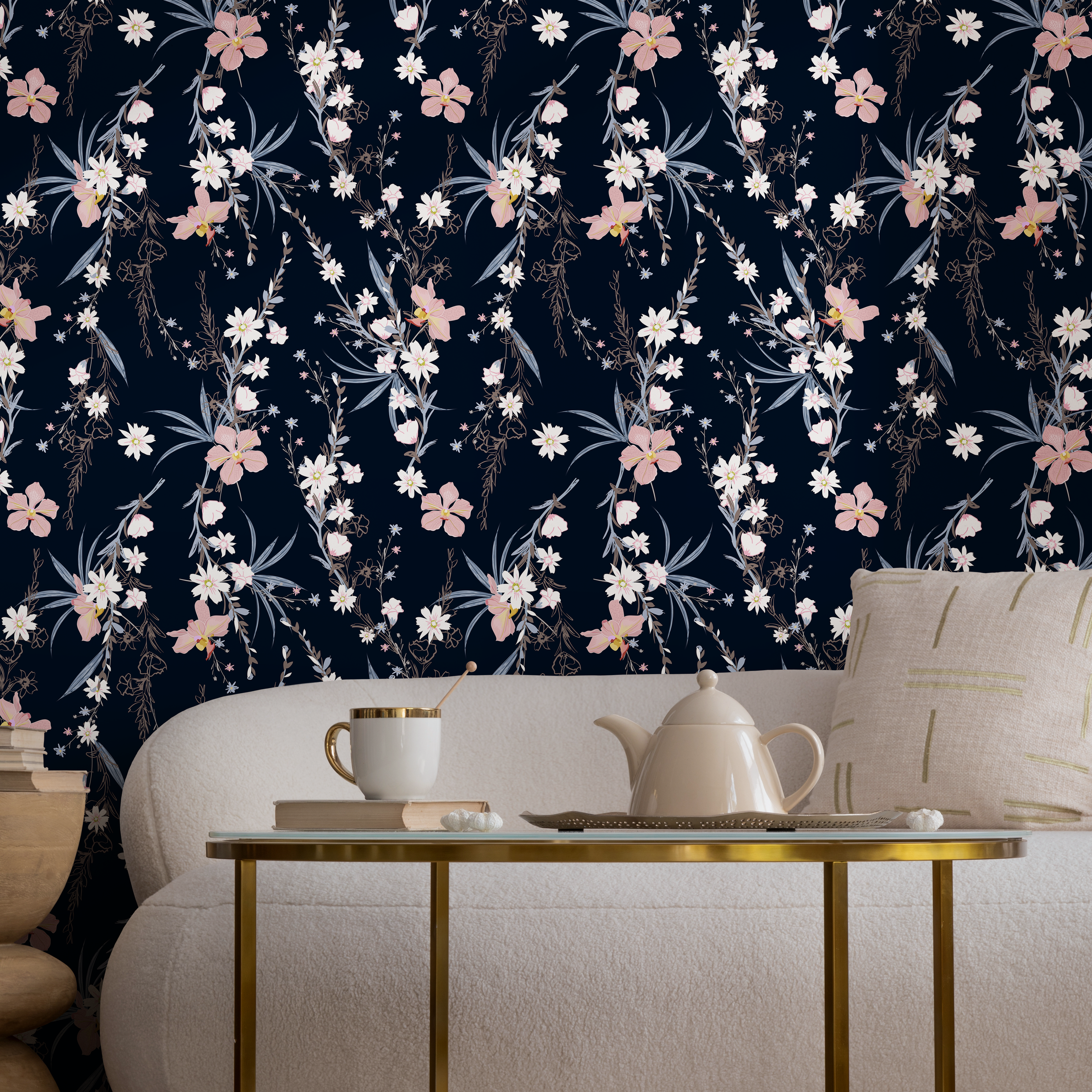 Floral Wallpaper With Delicate Wildflowers In Pink, White, And Blue - B443