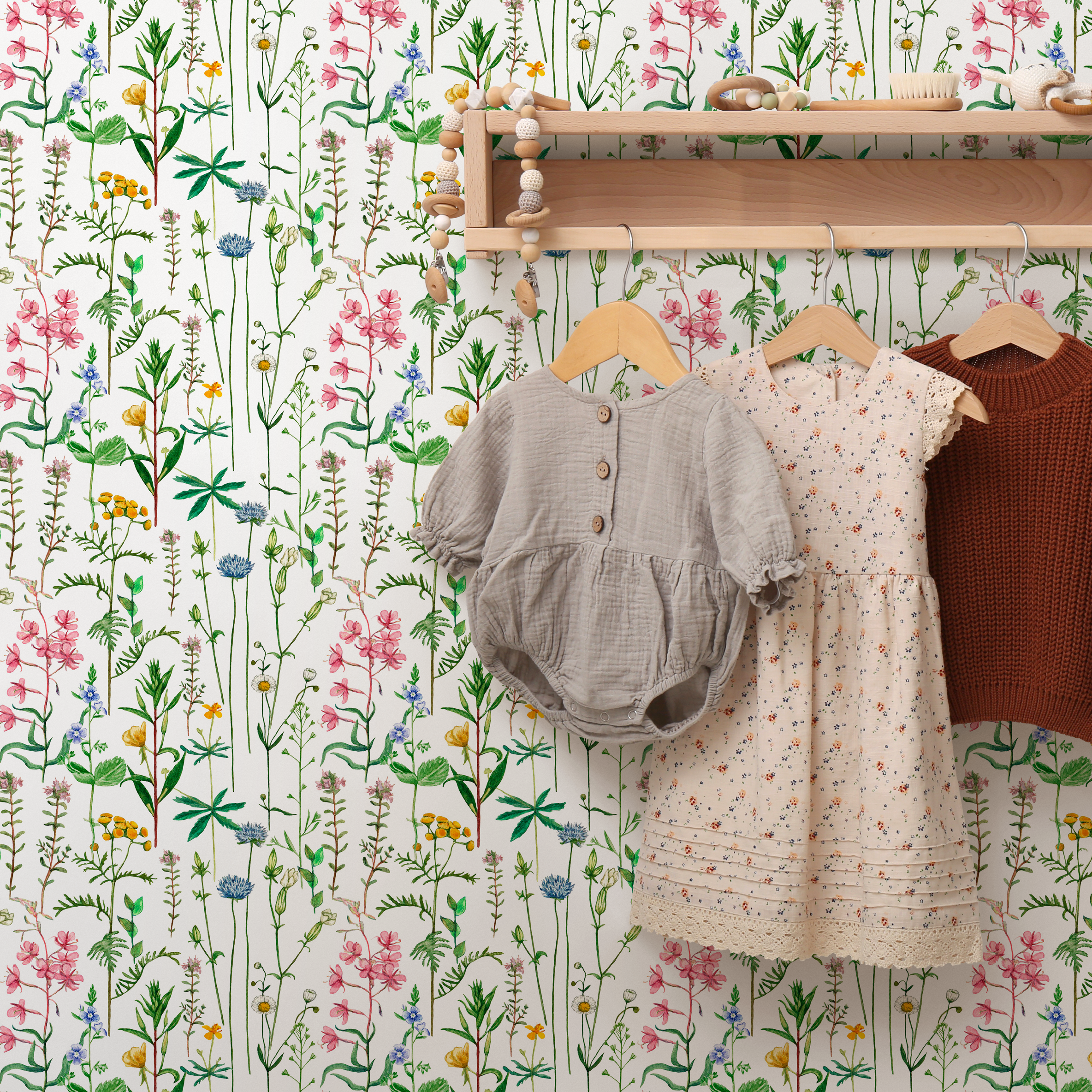 Botanical Wallpaper Featuring A Delicate Wildflower Meadow In Pink, Blue, And Yellow - B444