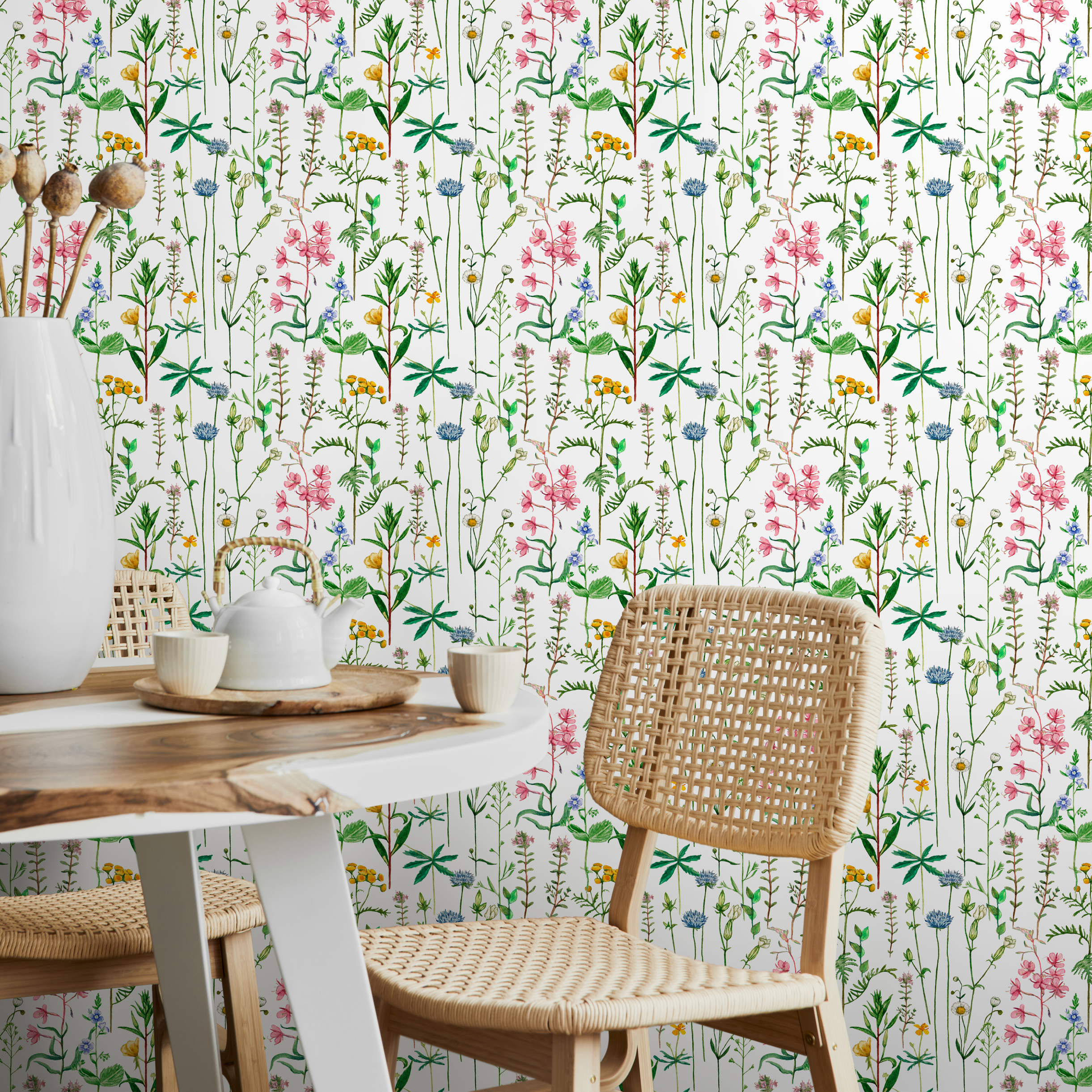 Botanical Wallpaper Featuring A Delicate Wildflower Meadow In Pink, Blue, And Yellow - B444