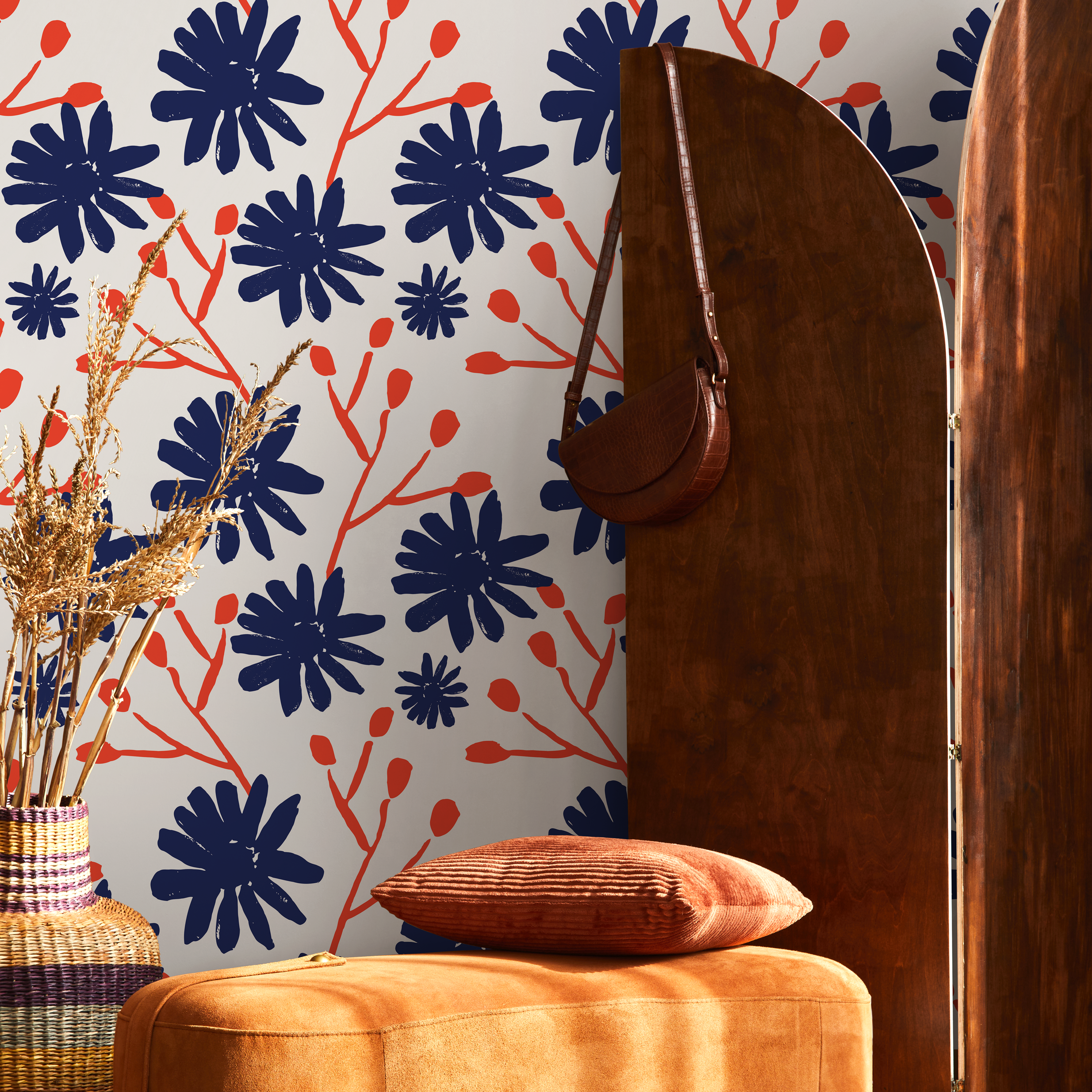 Abstract Floral Wallpaper With Stylized Blooms In Navy Blue And Red-orange - B445