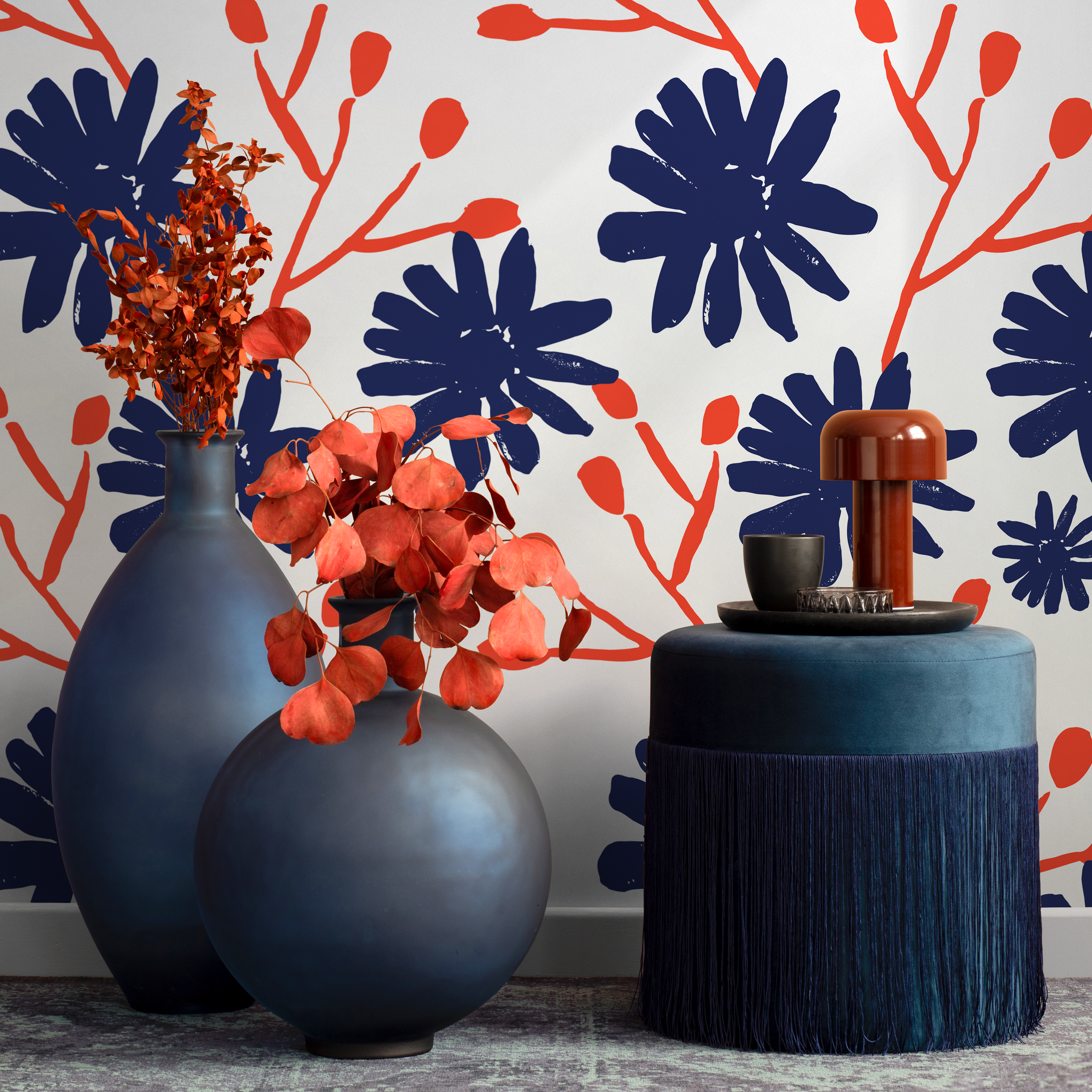 Abstract Floral Wallpaper With Stylized Blooms In Navy Blue And Red-orange - B445