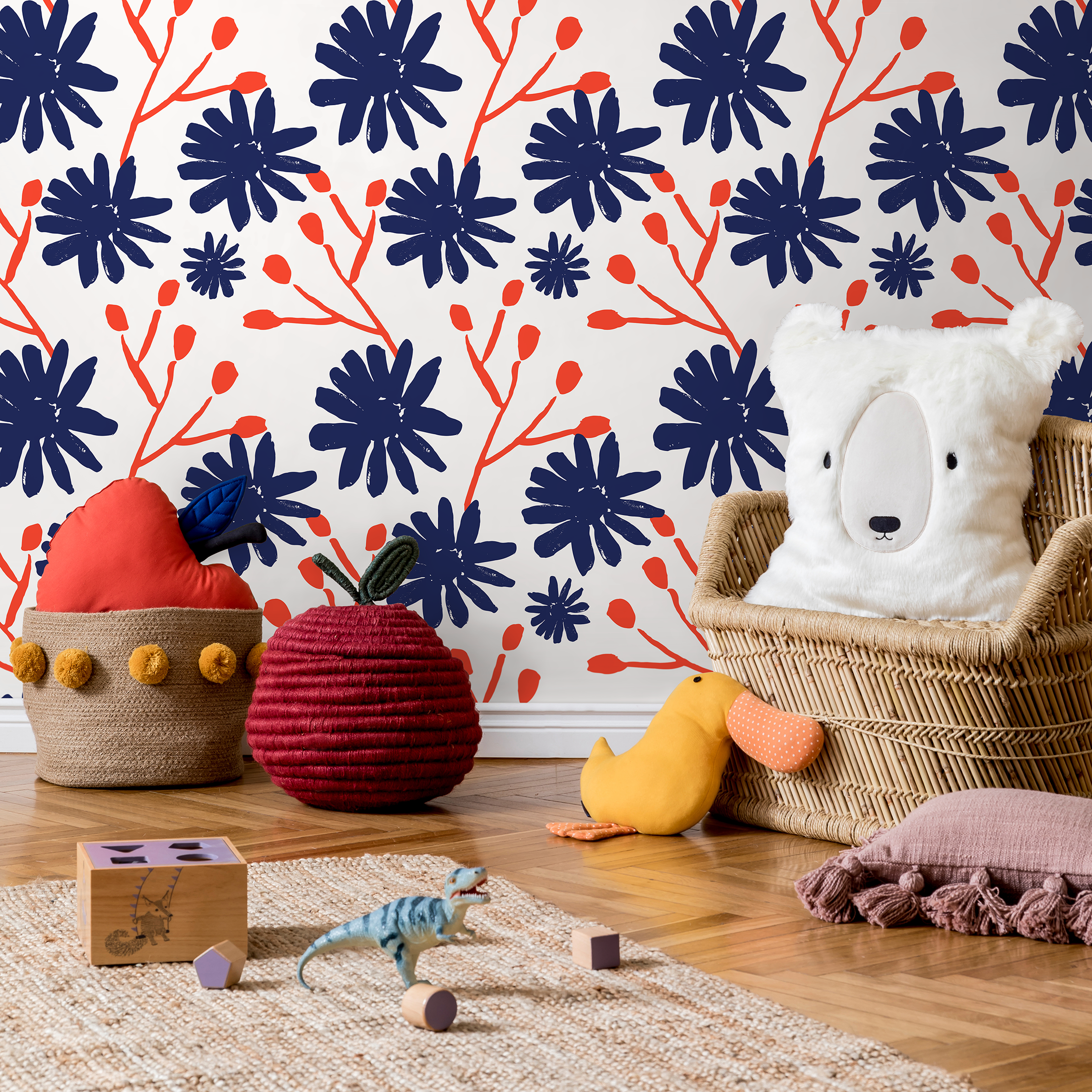 Abstract Floral Wallpaper With Stylized Blooms In Navy Blue And Red-orange - B445