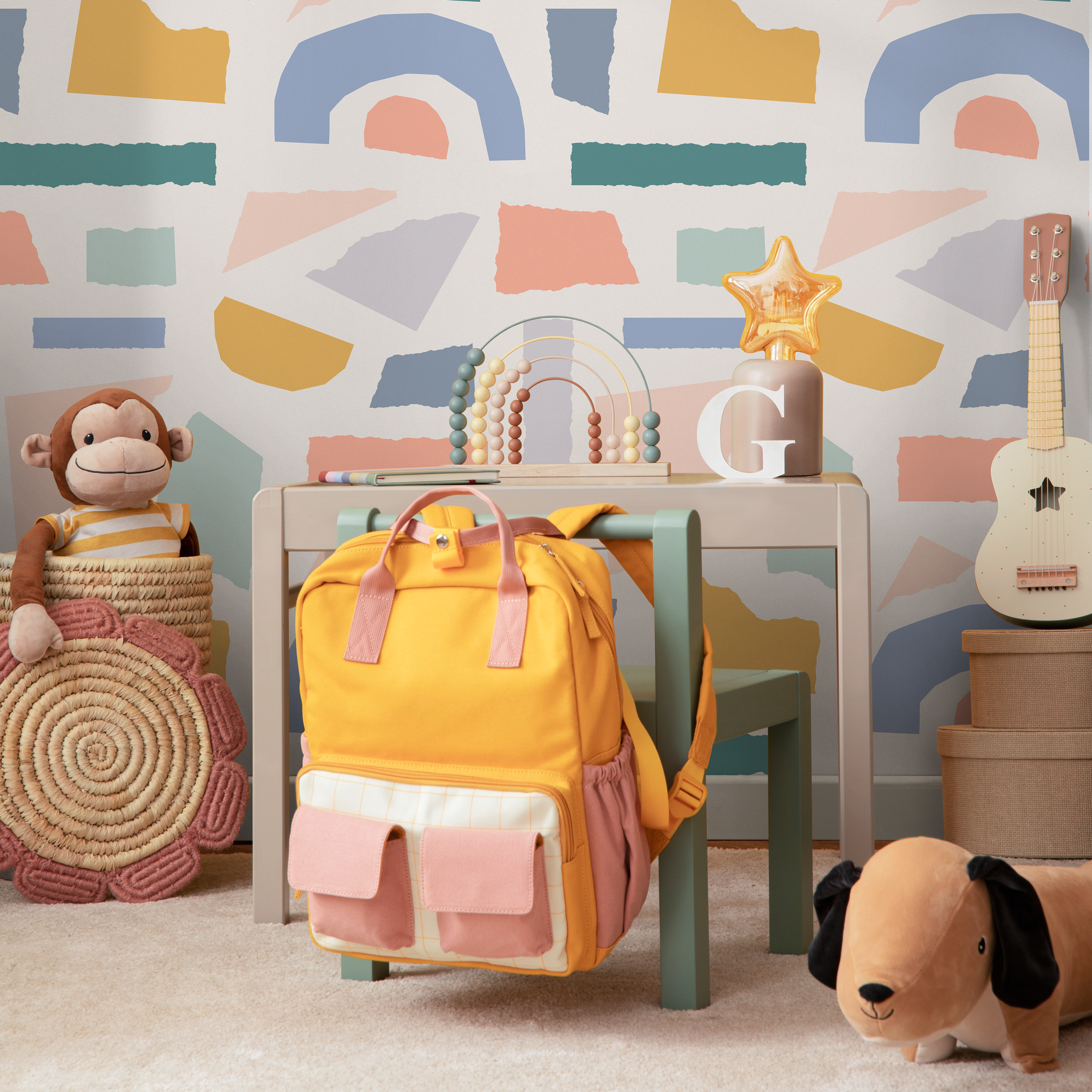 Abstract Wallpaper With A Torn Paper Collage In Blue, Yellow, And Pink - B446