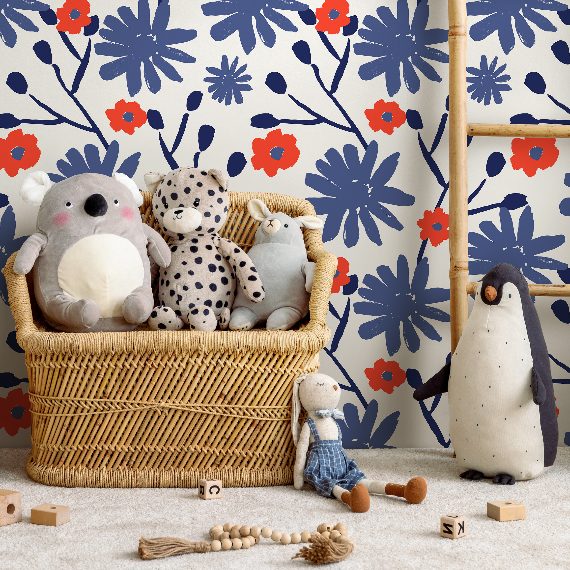 Floral Wallpaper Featuring A Painterly Print In Blue And Red - B448