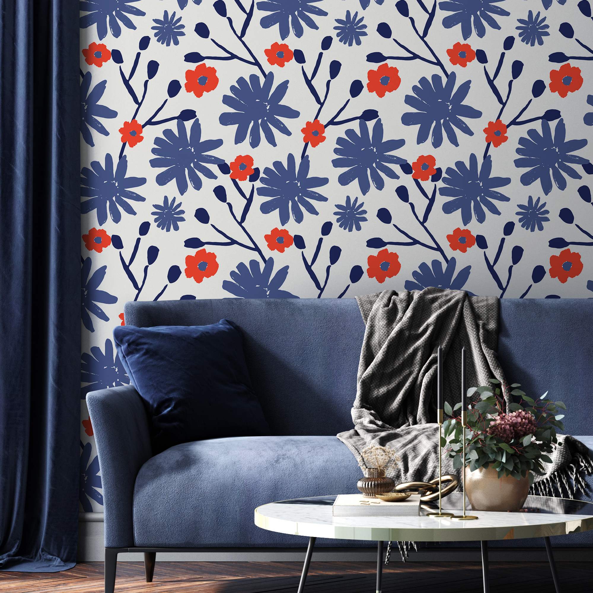 Floral Wallpaper Featuring A Painterly Print In Blue And Red - B448