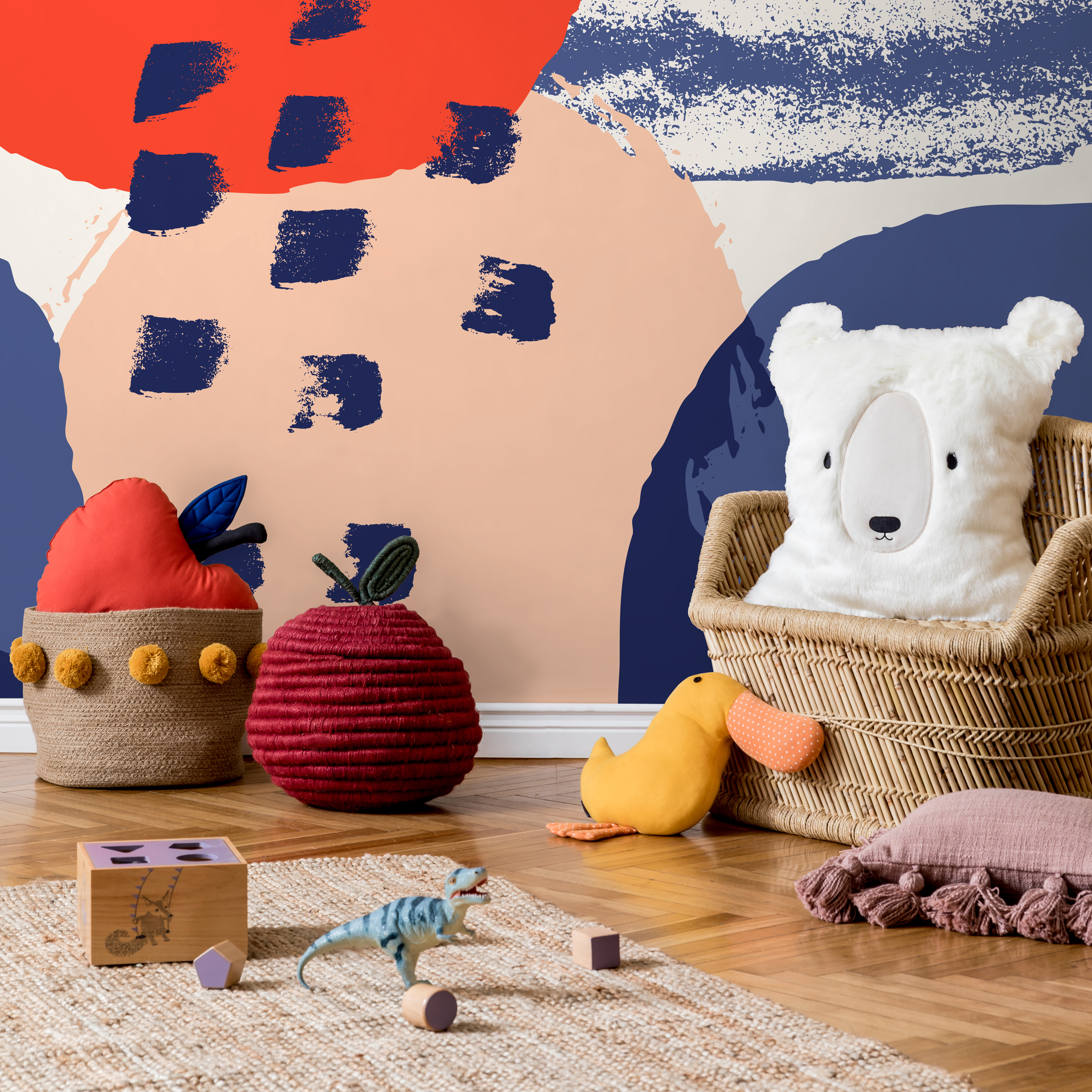 Abstract Wallpaper With Bold Brushstrokes In Red, Blue, And Peach - B449