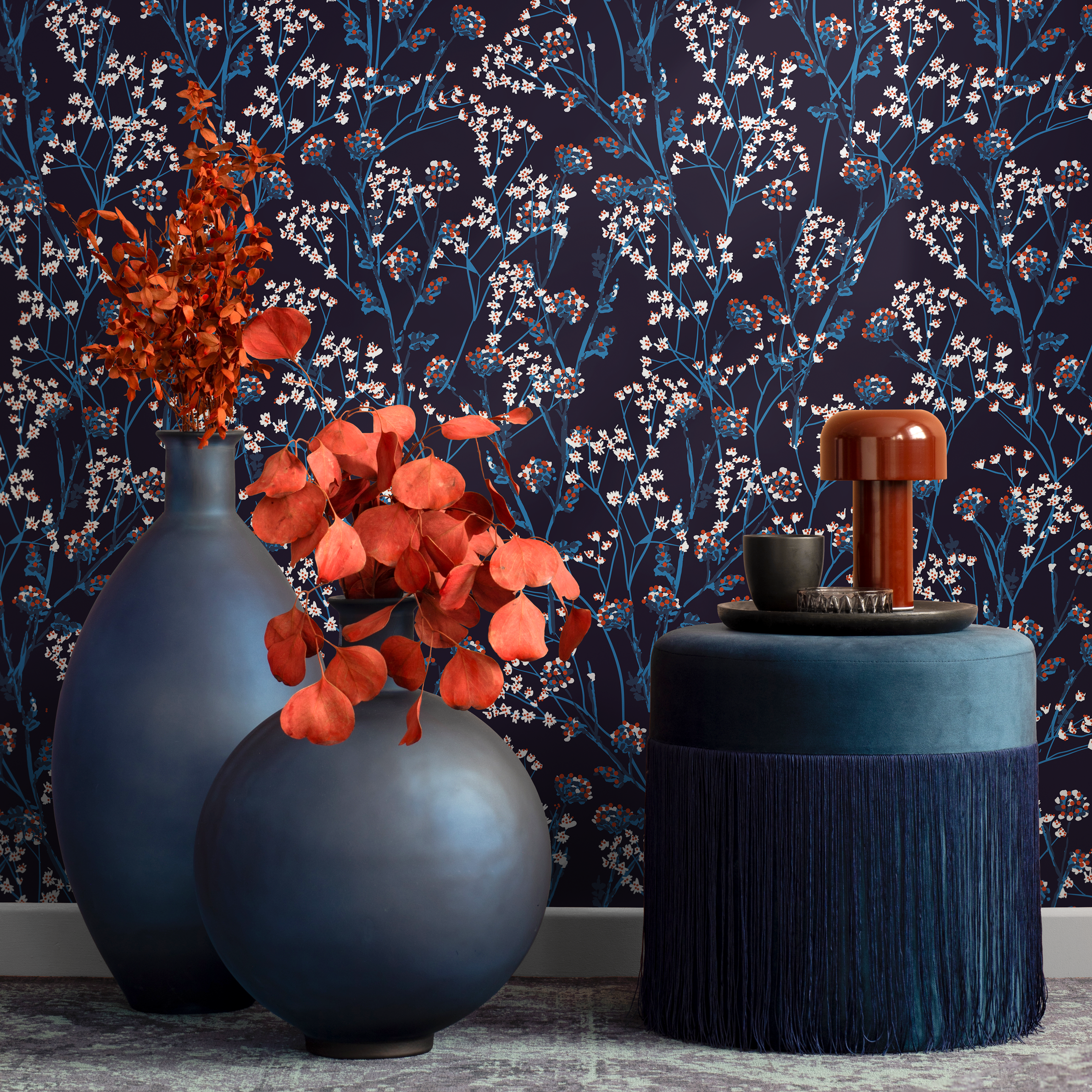 Botanical Wallpaper Featuring Wildflower Sprigs In Navy Blue, Red, And White - B452
