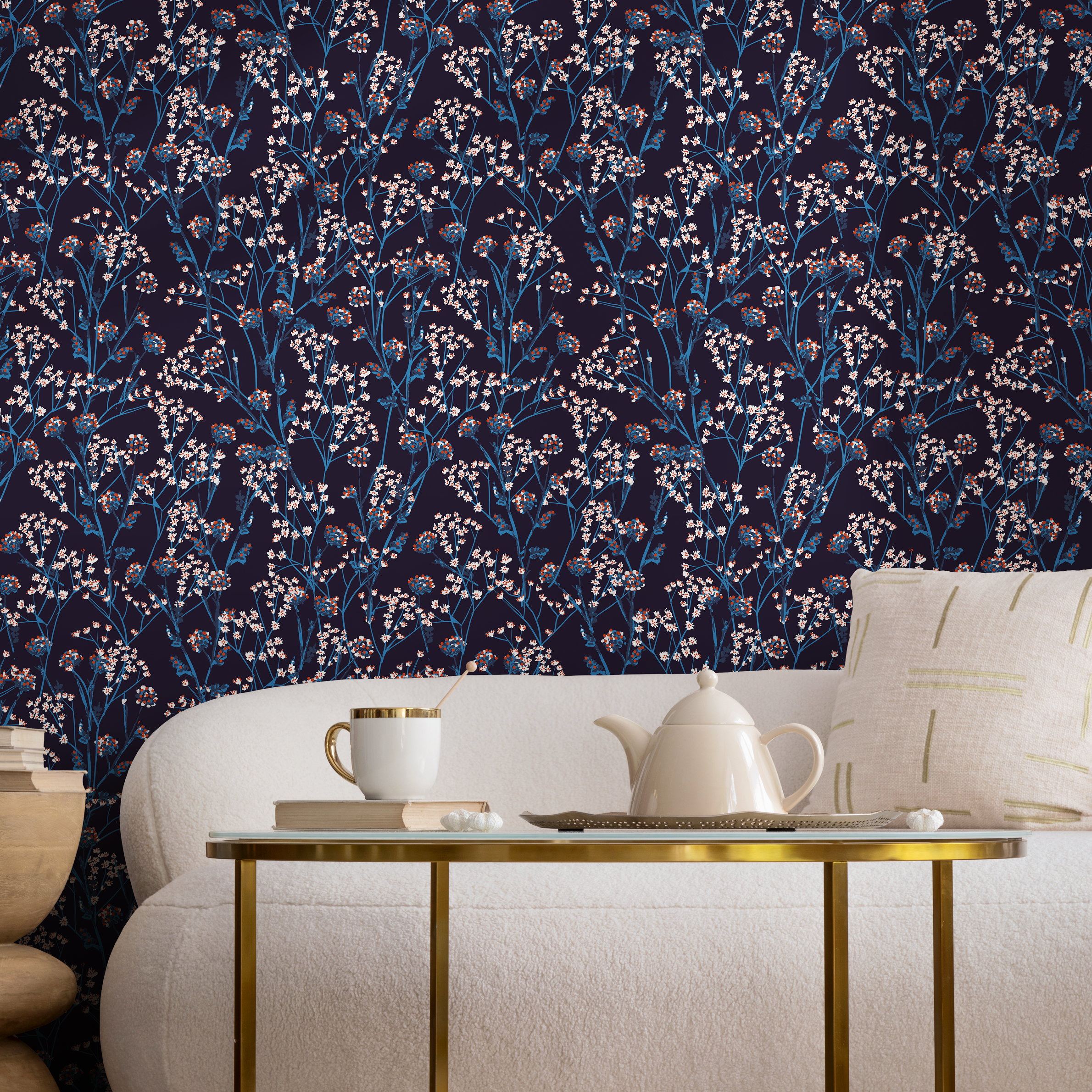 Botanical Wallpaper Featuring Wildflower Sprigs In Navy Blue, Red, And White - B452