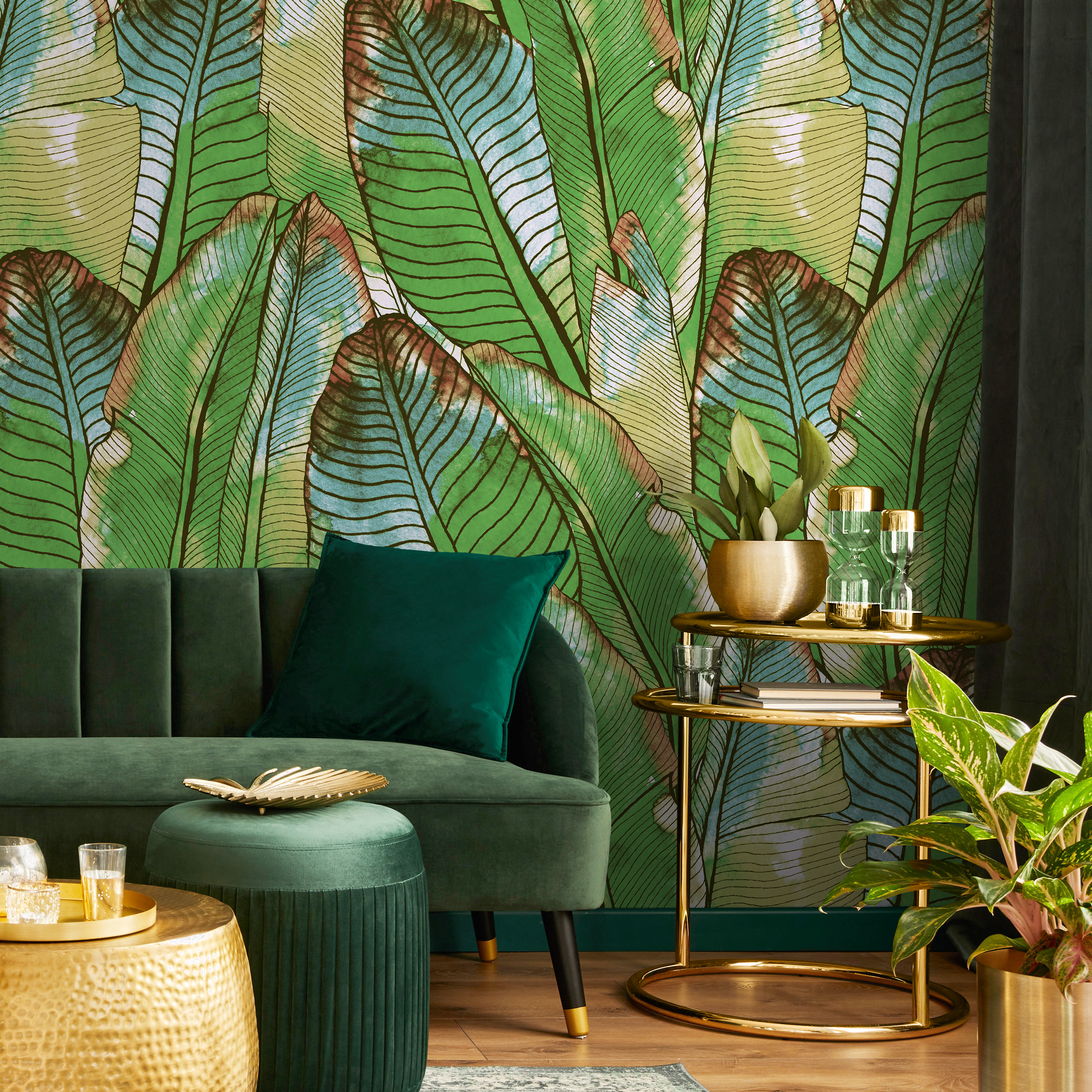 Botanical Wallpaper With Watercolor Banana Leaves In Green And Blue - B453