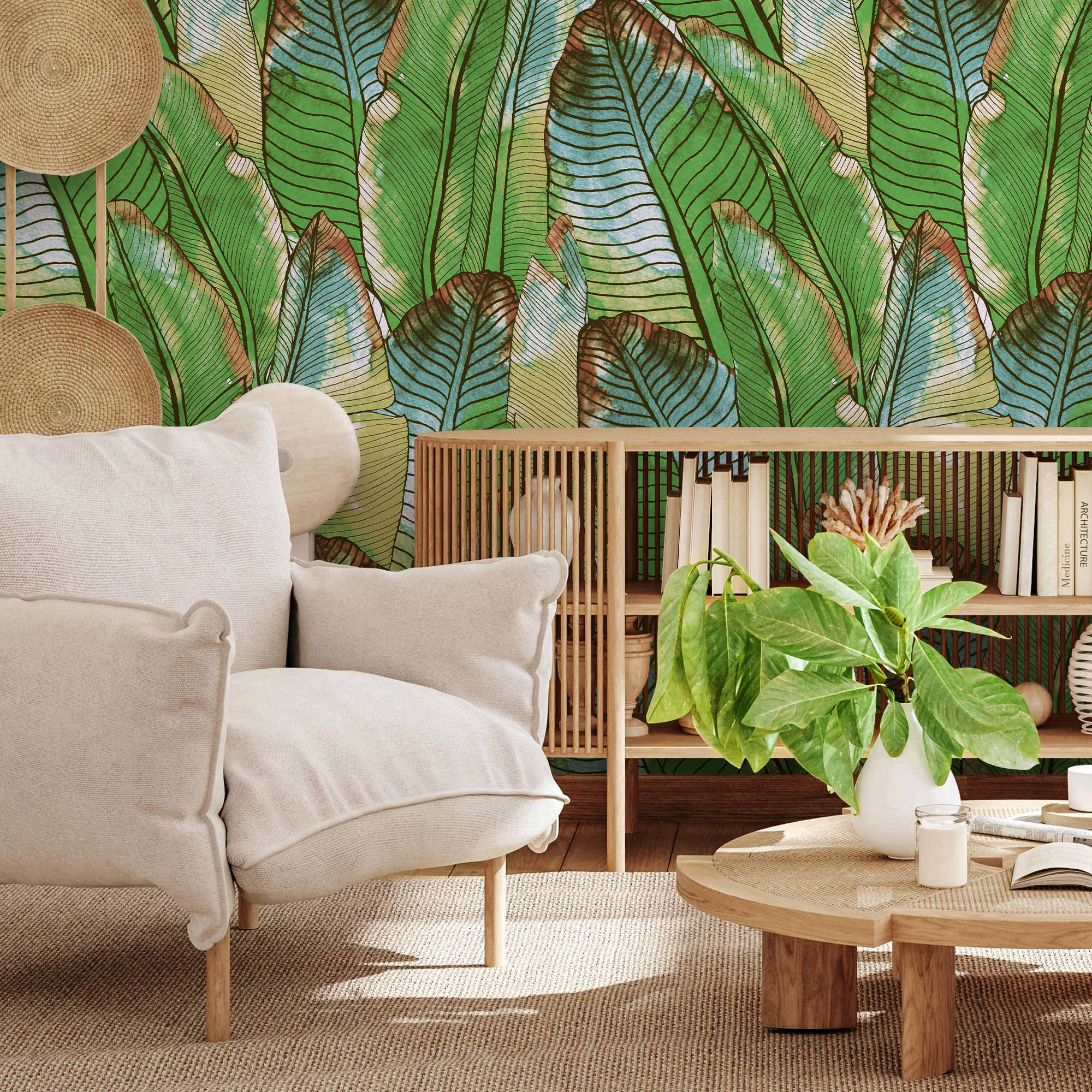 Botanical Wallpaper With Watercolor Banana Leaves In Green And Blue - B453