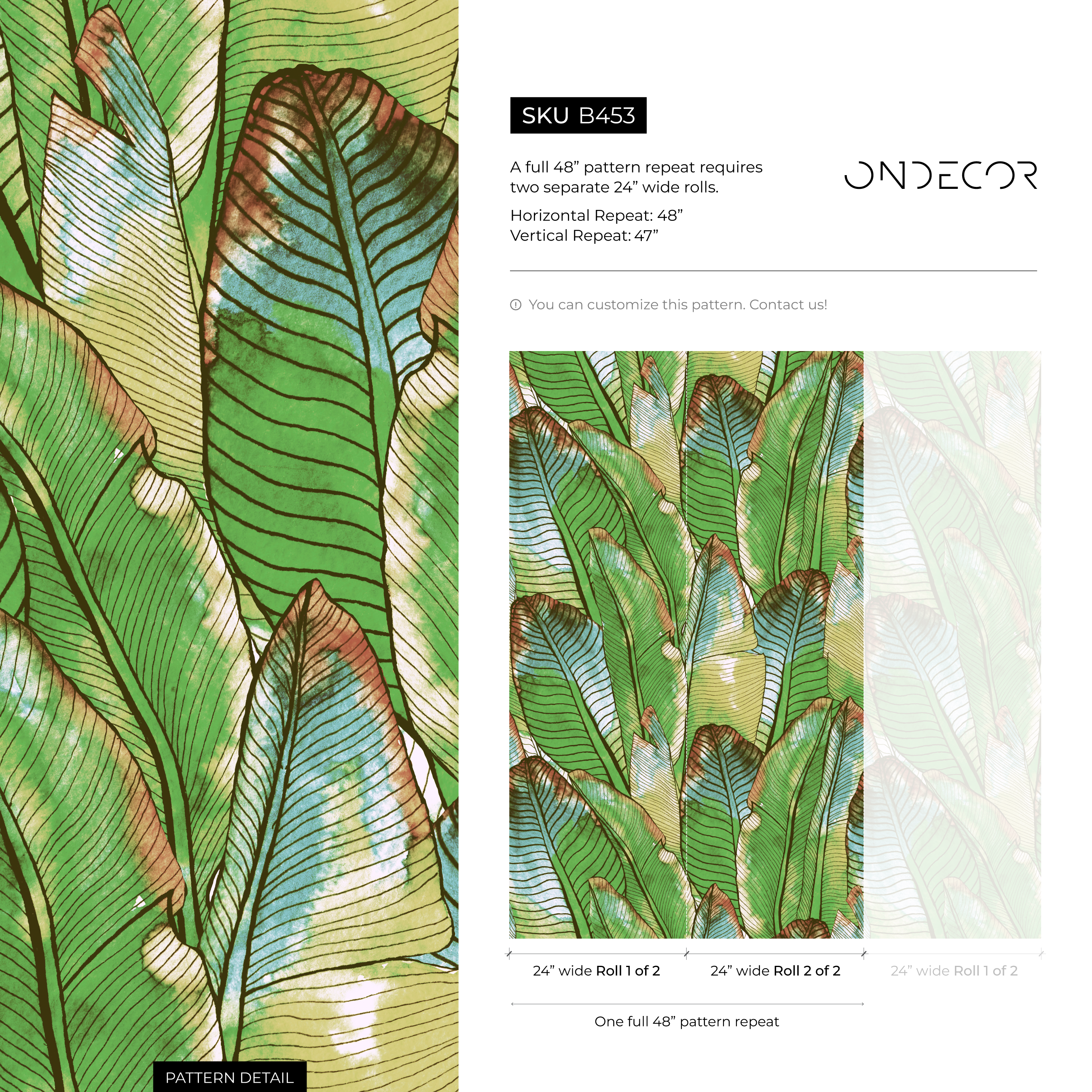 Botanical Wallpaper With Watercolor Banana Leaves In Green And Blue - B453
