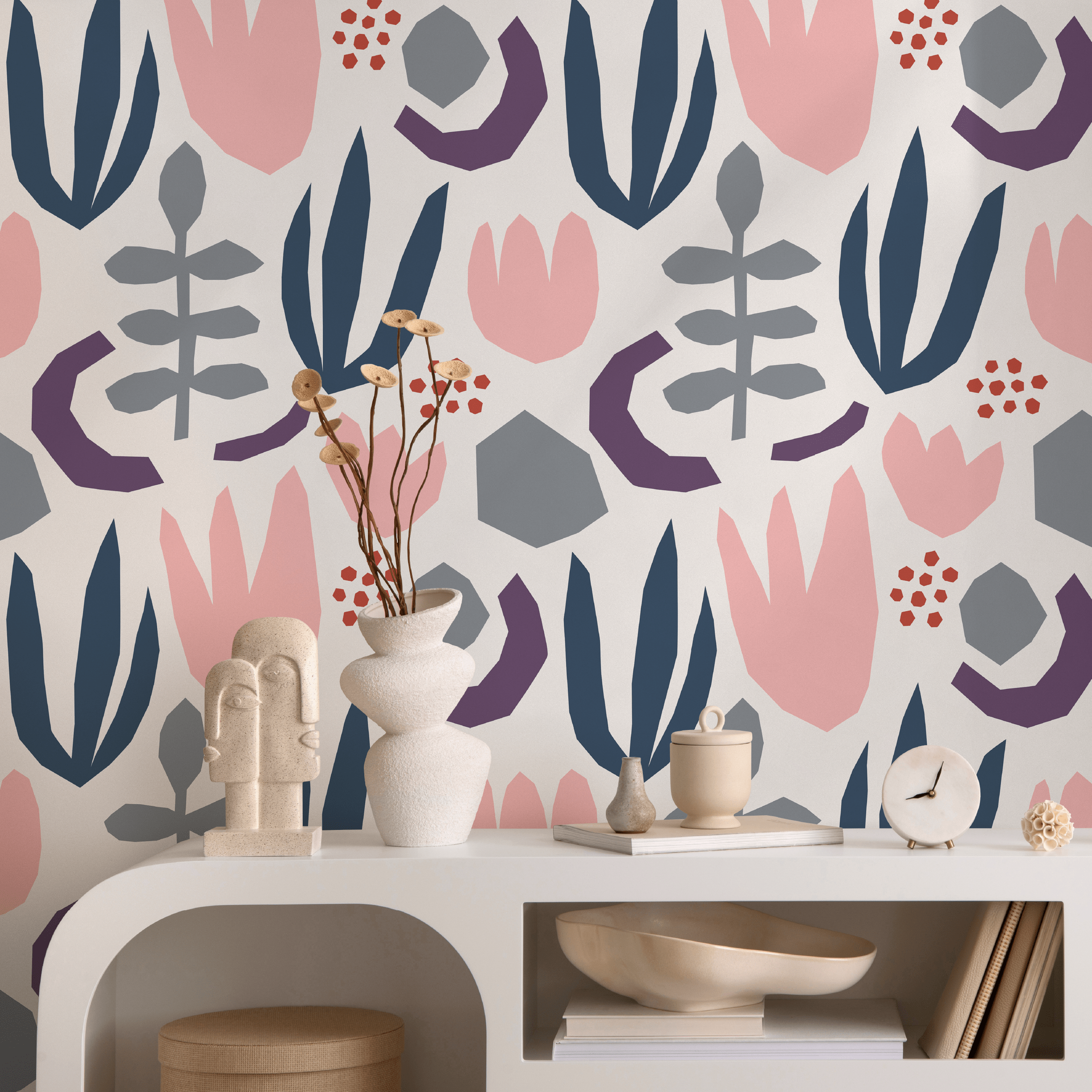 Abstract Wallpaper With Scandinavian Cutout Florals In Blue, Pink, And Grey - B454