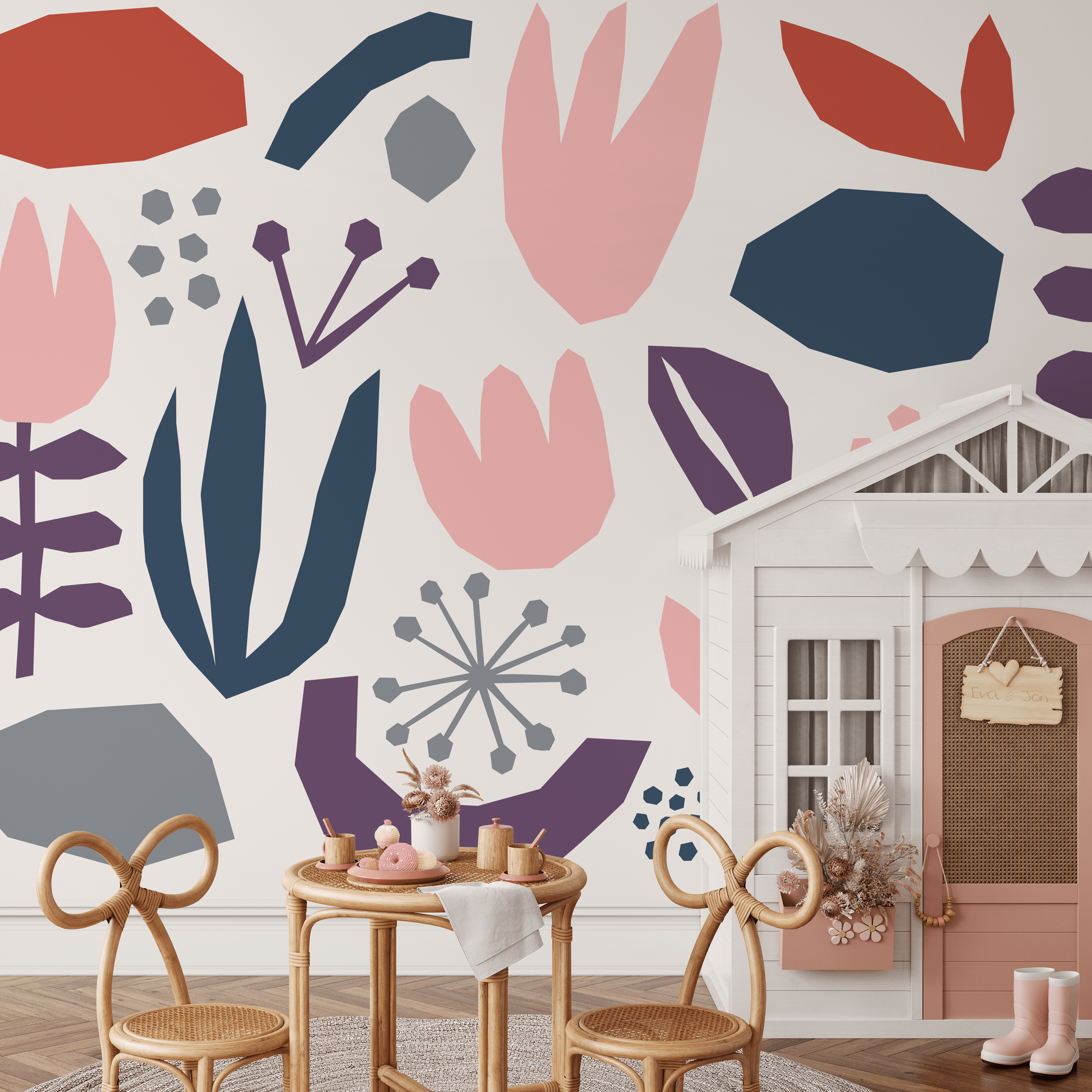 Abstract Wallpaper With Paper Cut-out Botanicals In Navy Blue, Pink, And Purple - B455