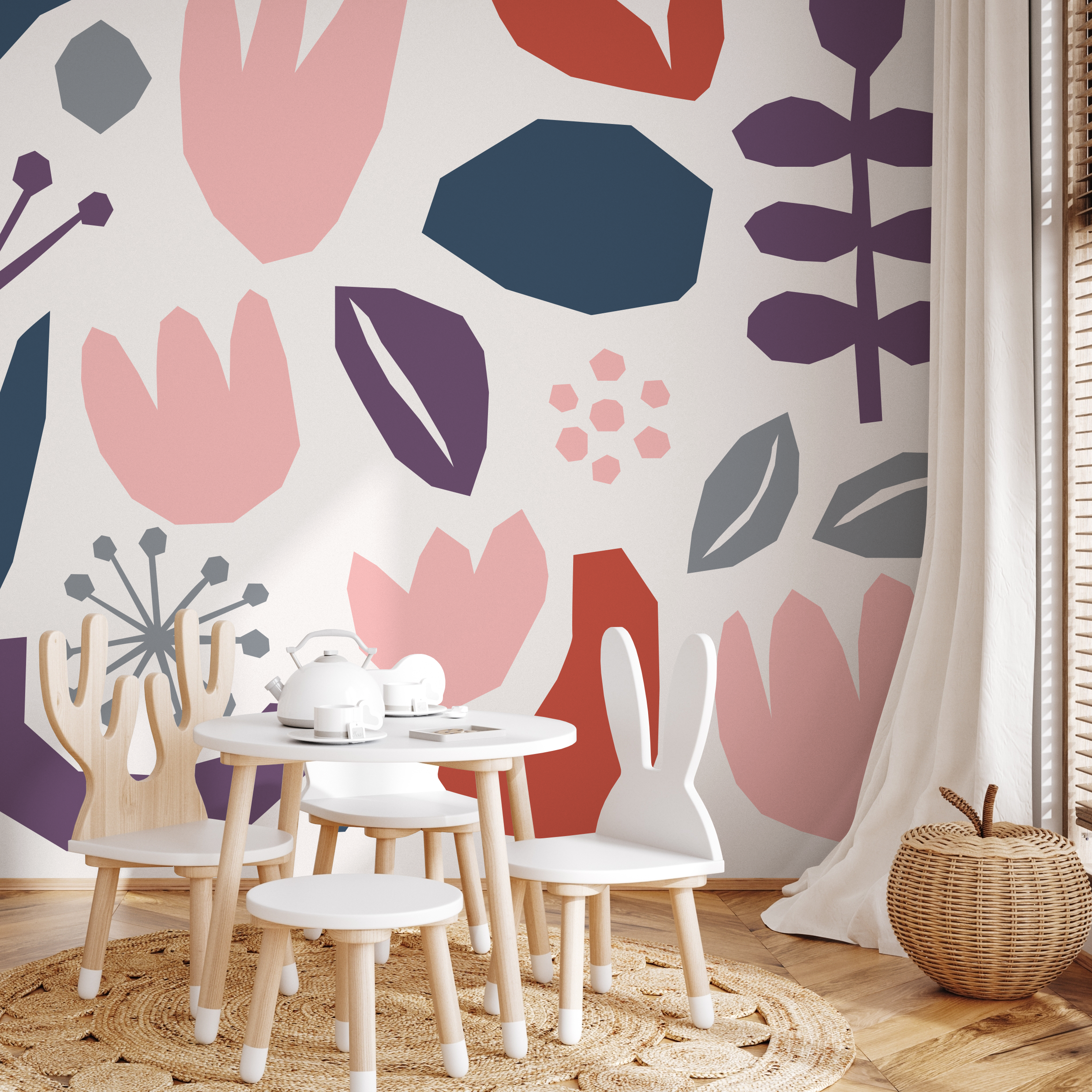 Abstract Wallpaper With Paper Cut-out Botanicals In Navy Blue, Pink, And Purple - B455