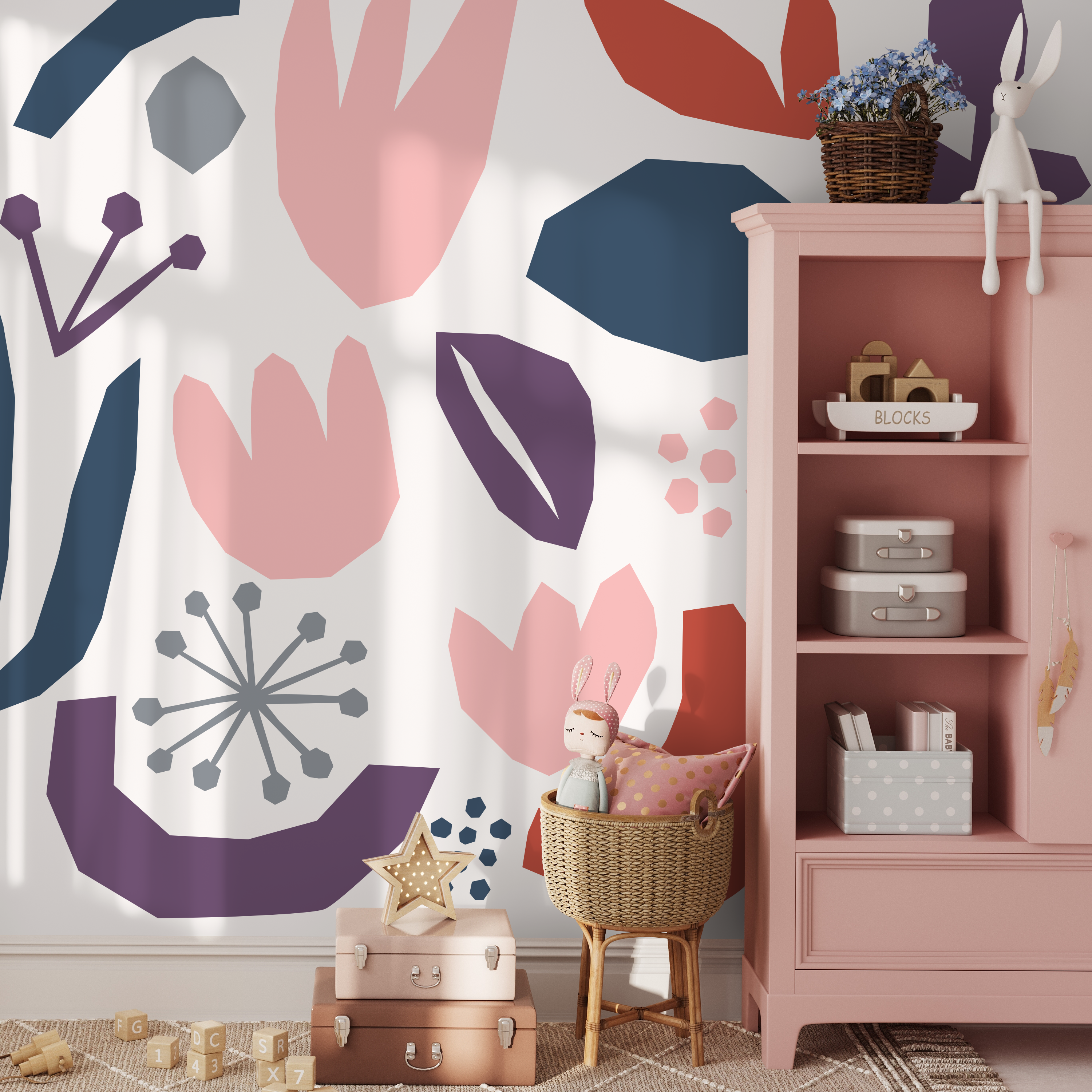 Abstract Wallpaper With Paper Cut-out Botanicals In Navy Blue, Pink, And Purple - B455