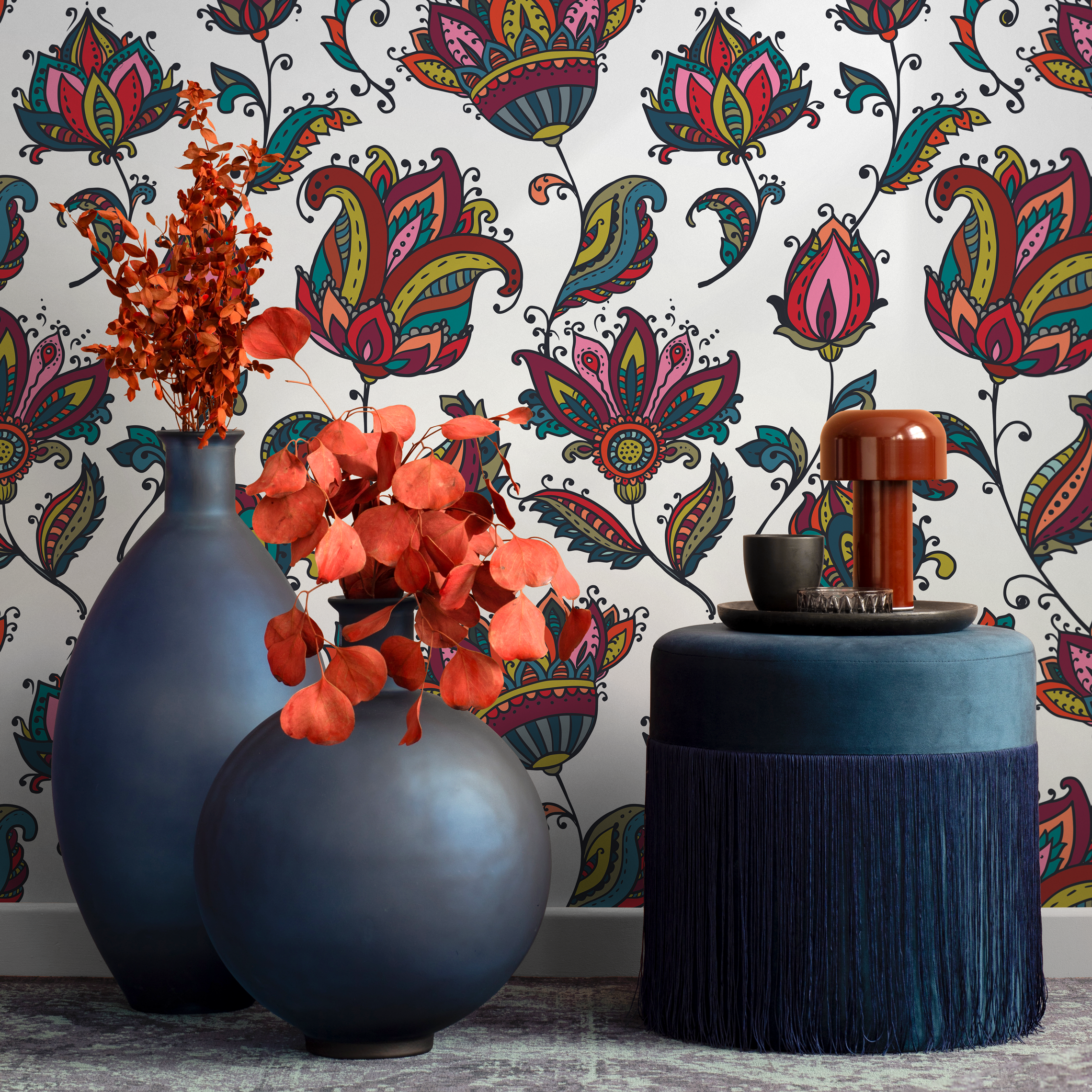 Floral Wallpaper With Ornamental Blooms In Red, Teal, And Pink - B456