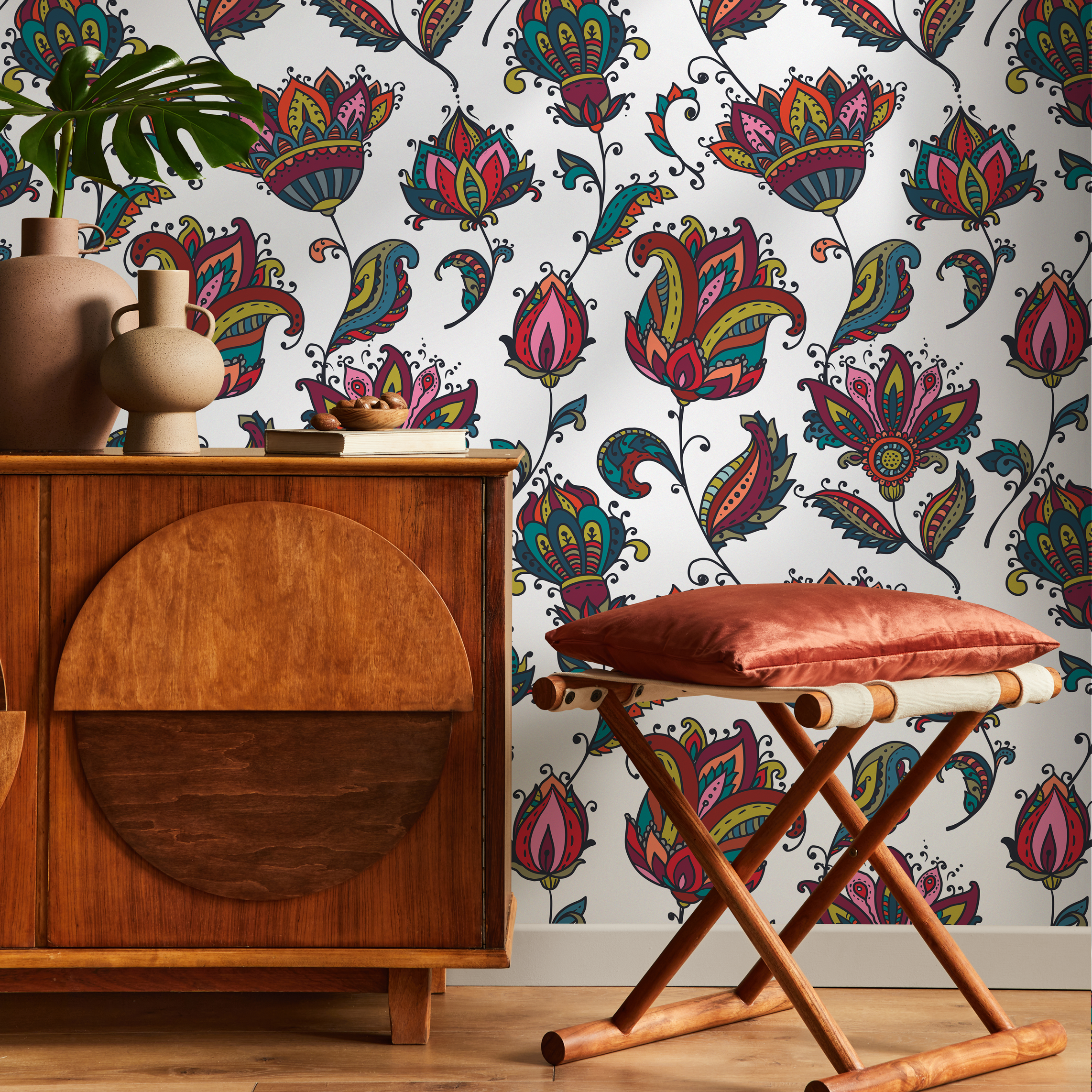 Floral Wallpaper With Ornamental Blooms In Red, Teal, And Pink - B456