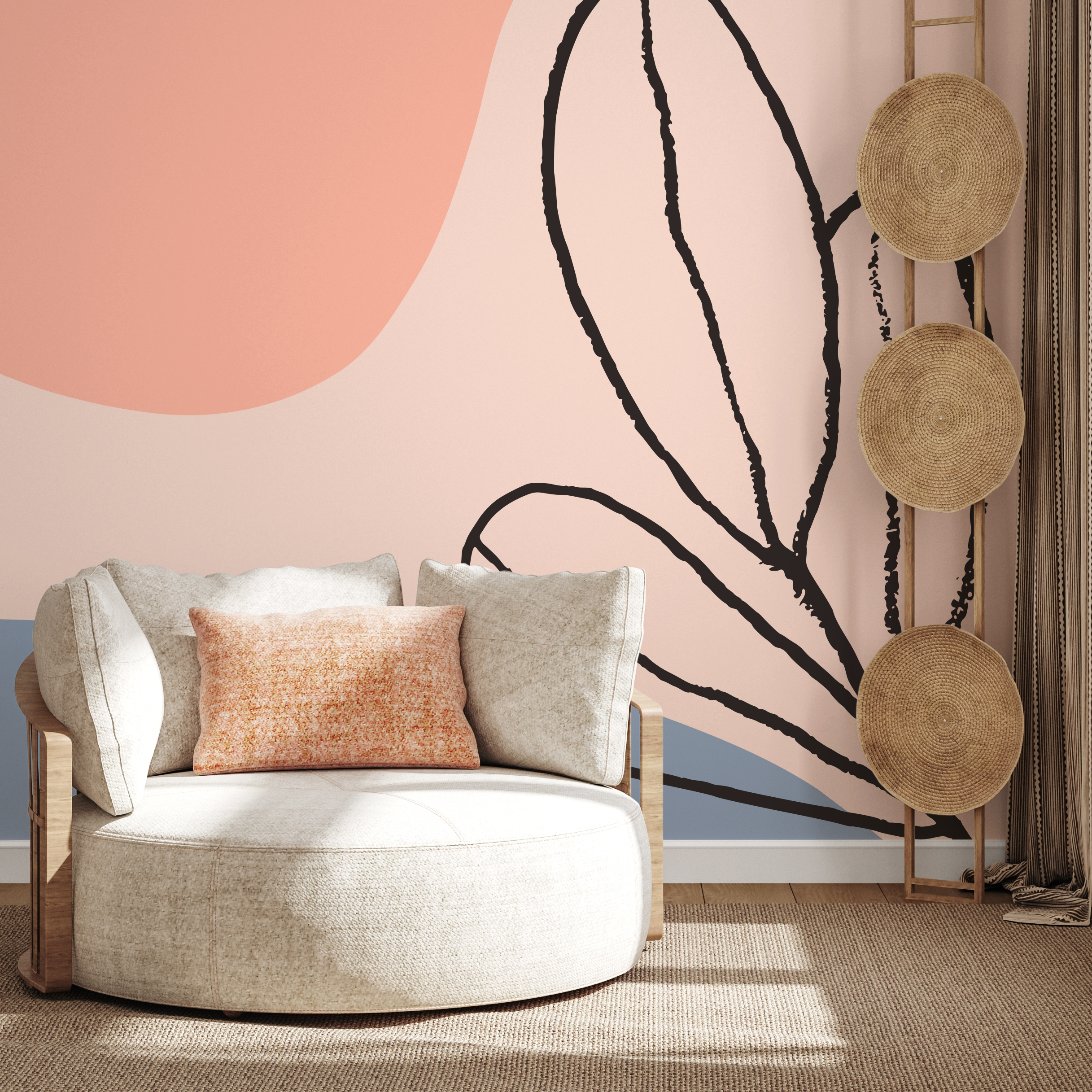 Abstract Wallpaper With Botanical Line Art In Pink, Terracotta, And Blue - B457