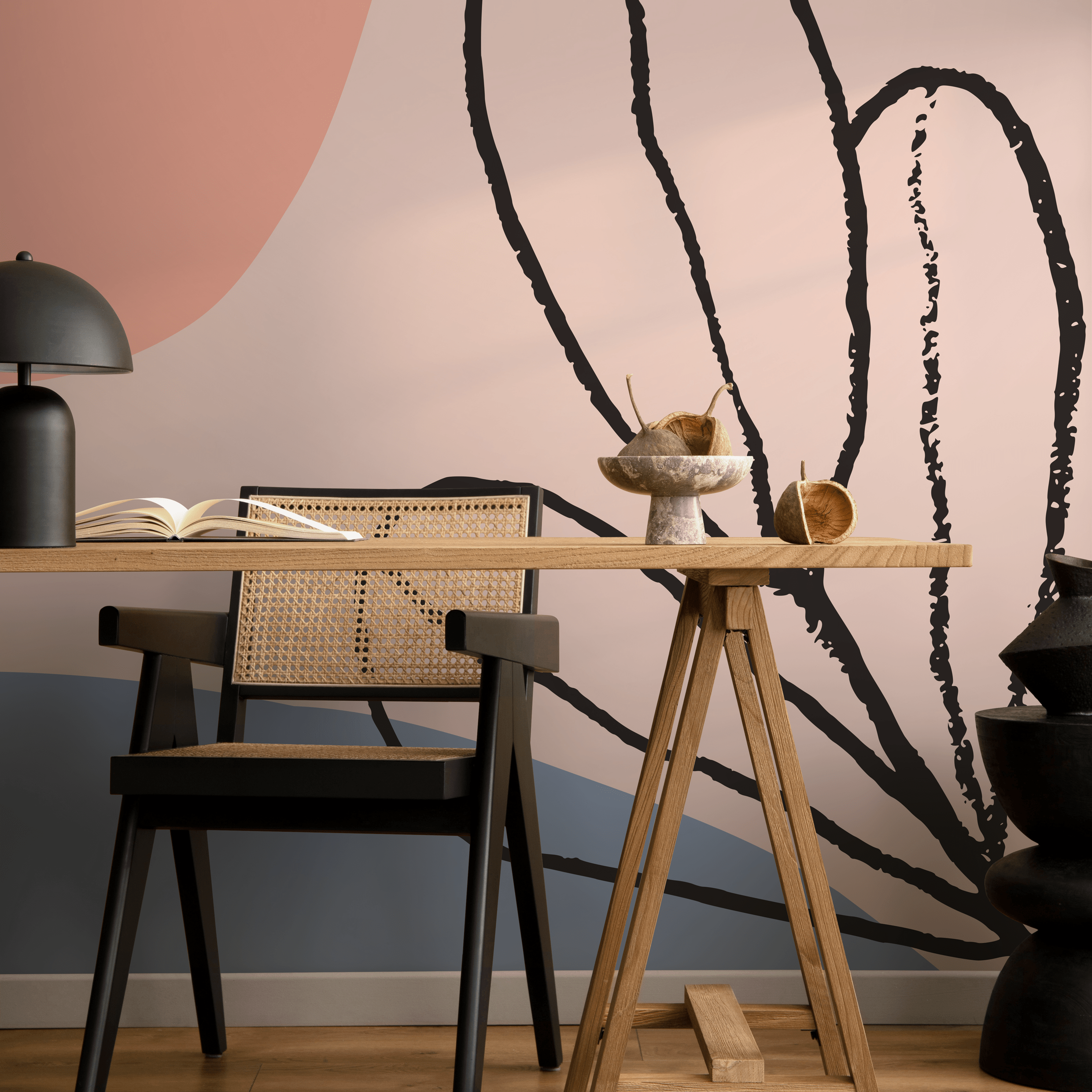 Abstract Wallpaper With Botanical Line Art In Pink, Terracotta, And Blue - B457