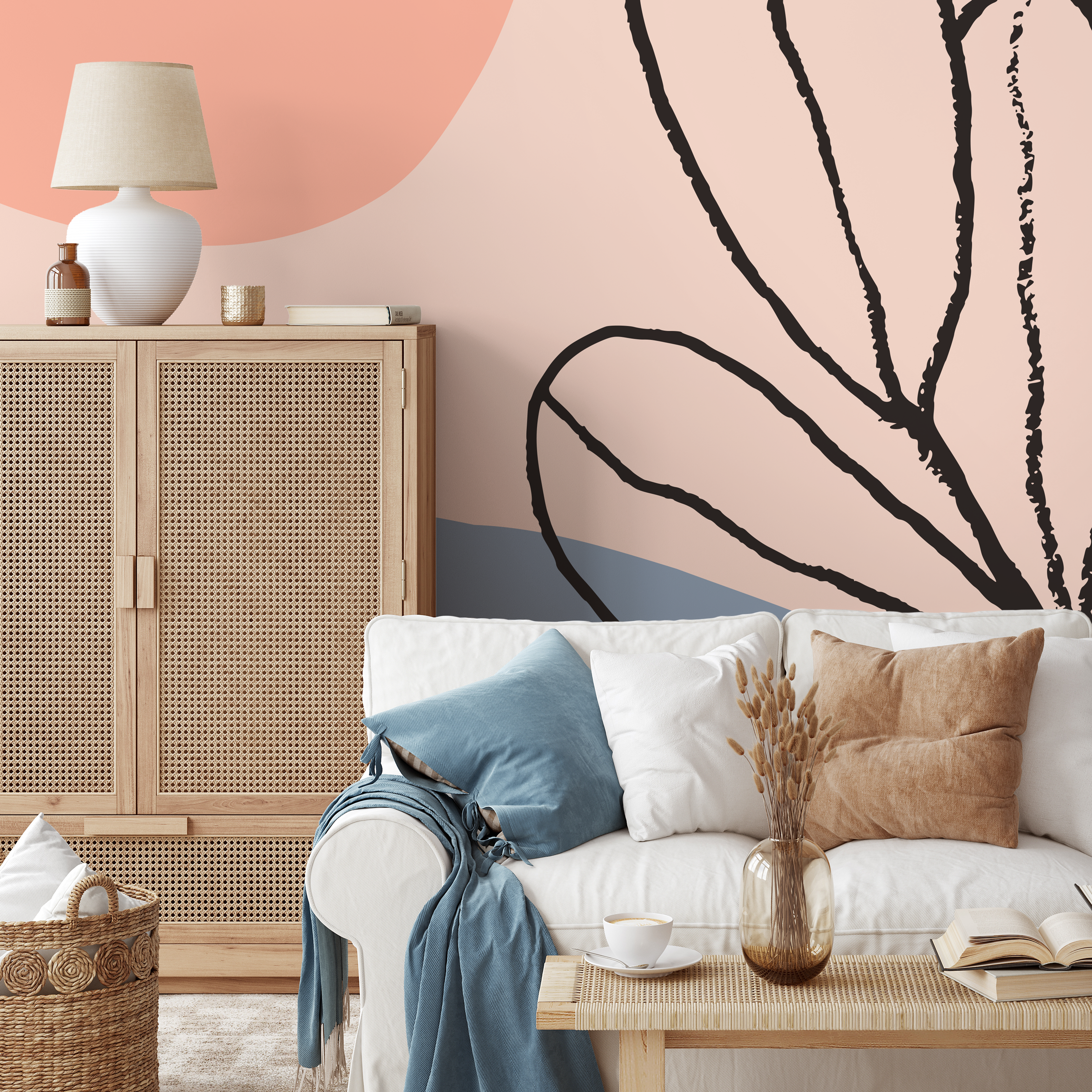 Abstract Wallpaper With Botanical Line Art In Pink, Terracotta, And Blue - B457