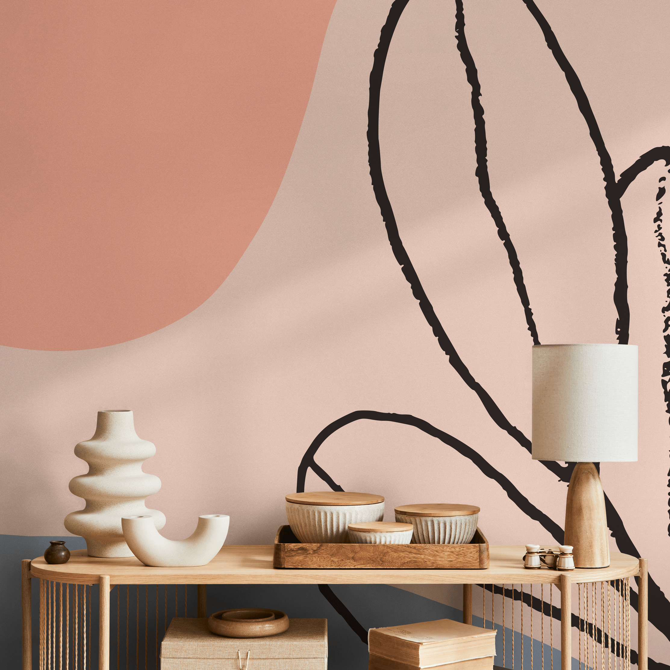 Abstract Wallpaper With Botanical Line Art In Pink, Terracotta, And Blue - B457