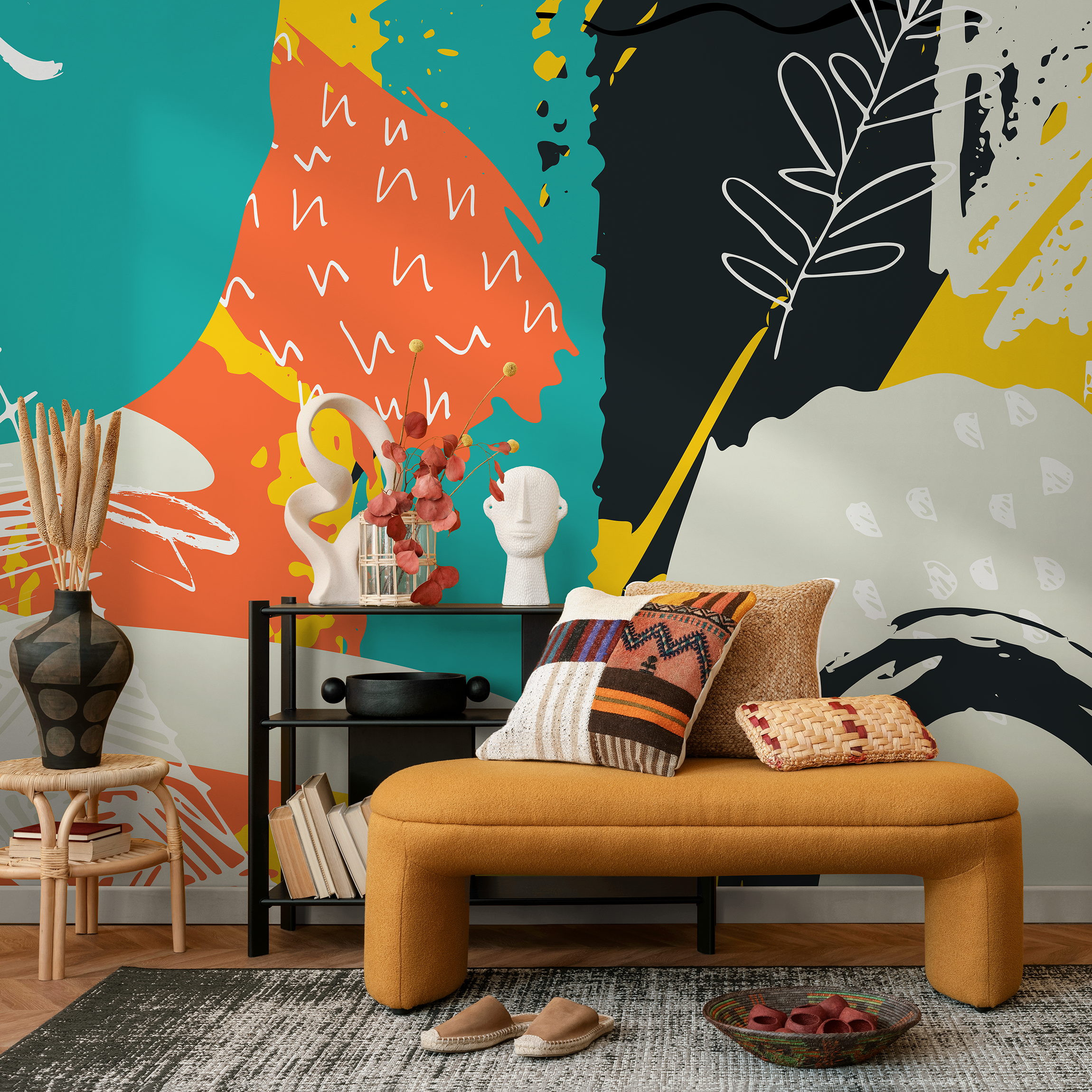 Scandinavian Wallpaper Featuring Abstract Shapes In Teal, Orange, And Black - B458