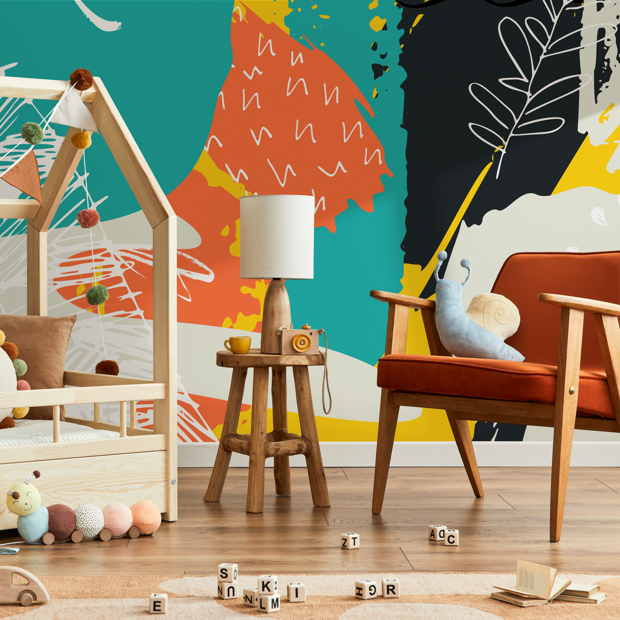 Scandinavian Wallpaper Featuring Abstract Shapes In Teal, Orange, And Black - B458