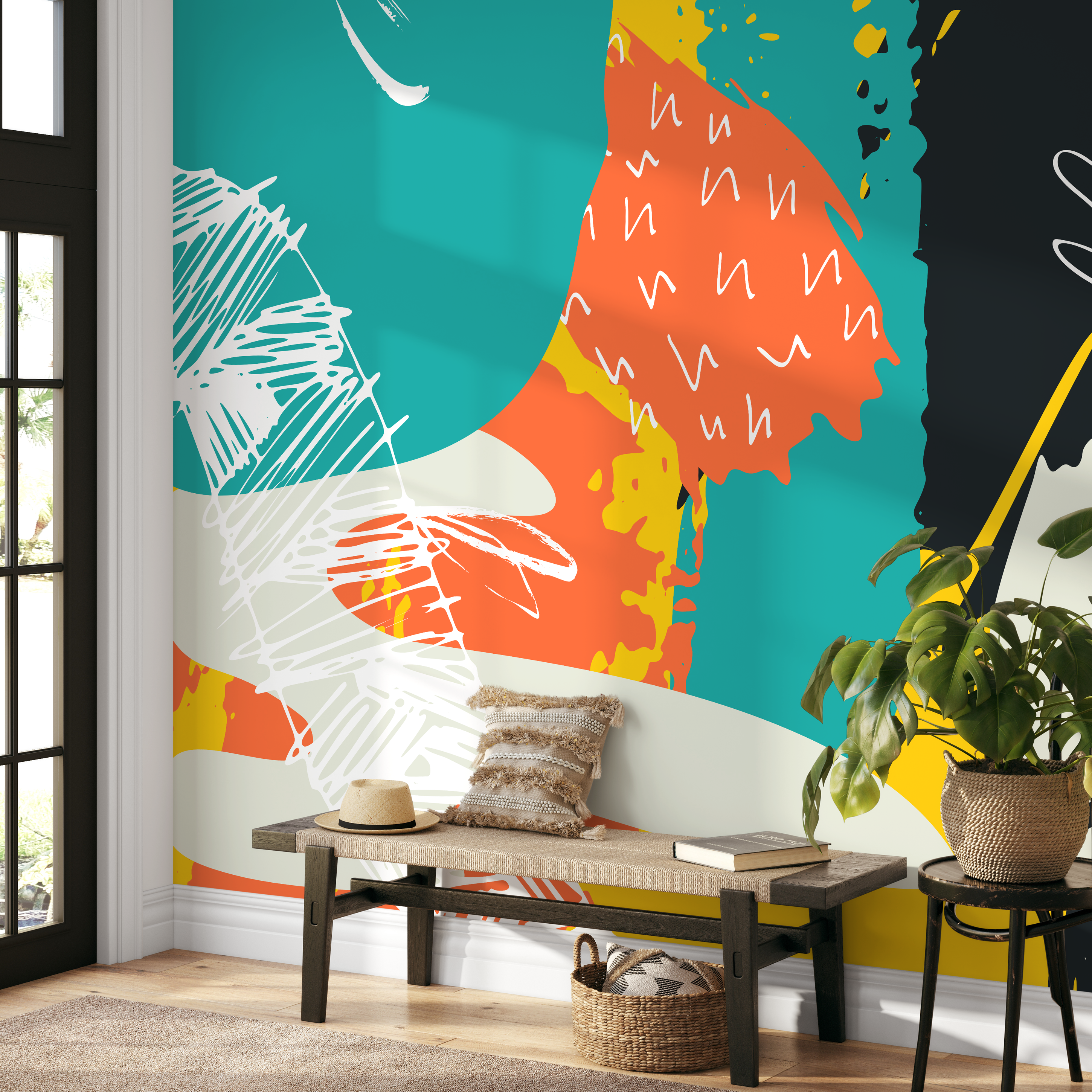 Scandinavian Wallpaper Featuring Abstract Shapes In Teal, Orange, And Black - B458