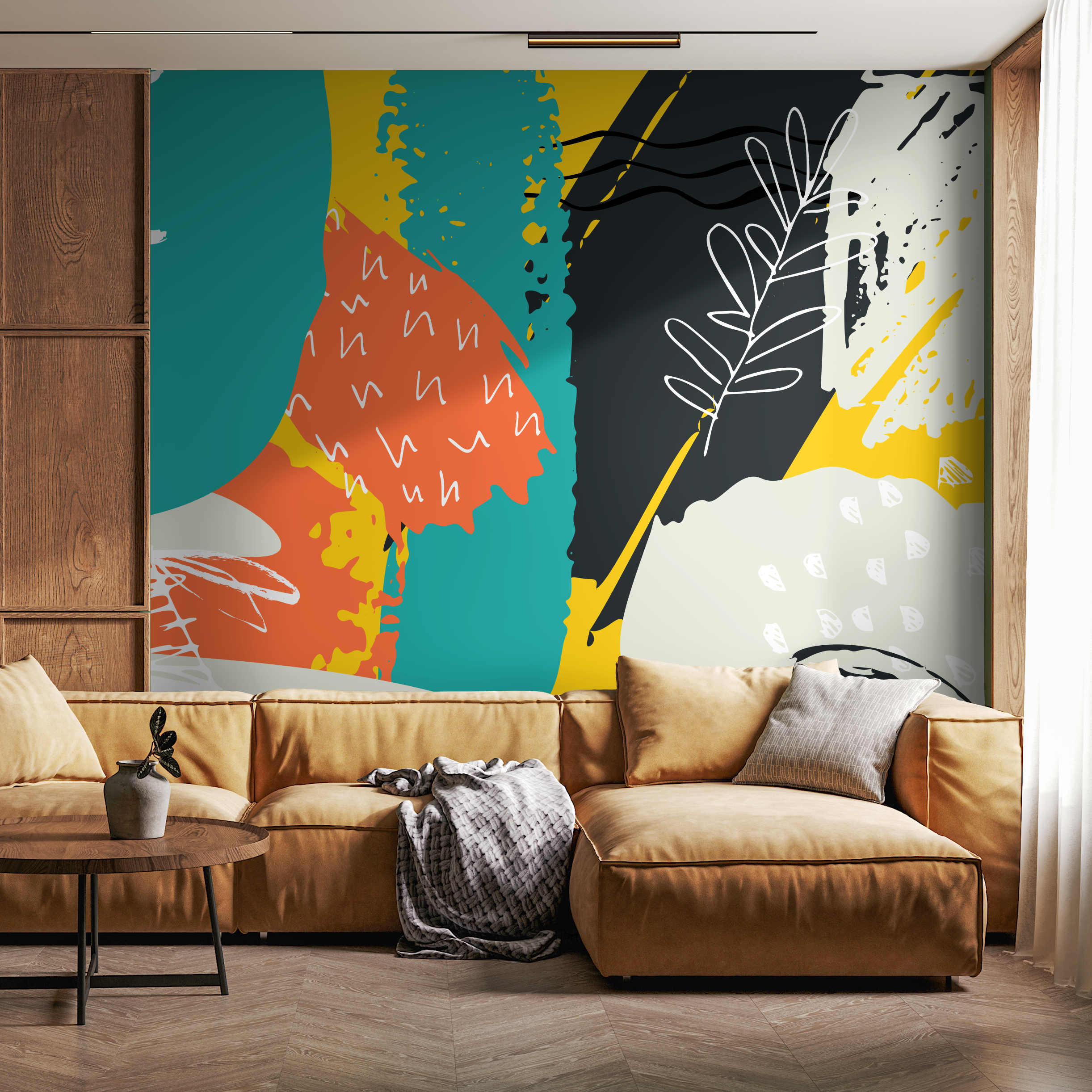 Scandinavian Wallpaper Featuring Abstract Shapes In Teal, Orange, And Black - B458