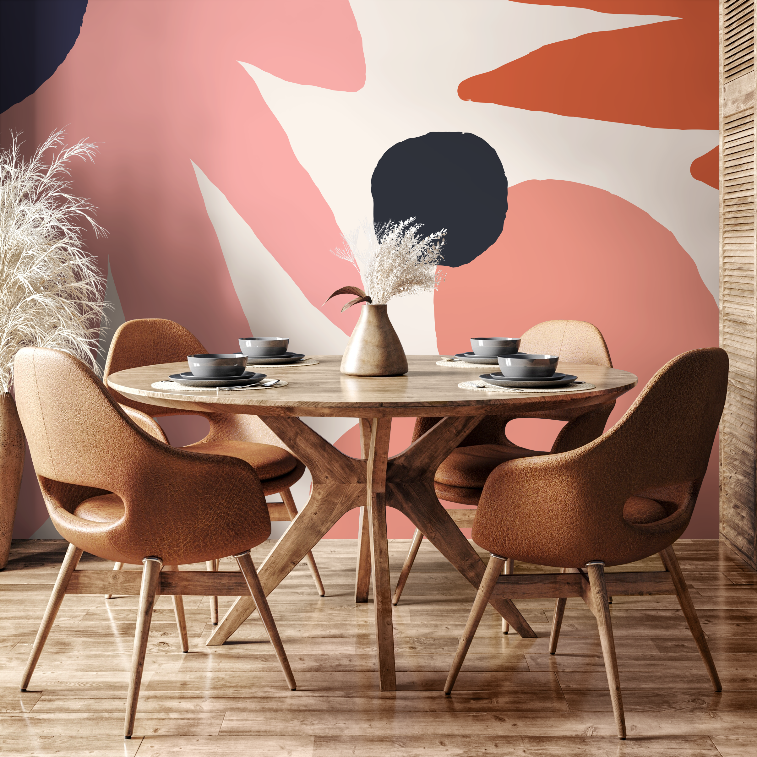 Abstract Wallpaper With Bold Organic Shapes In Pink, Orange, And Navy - B459