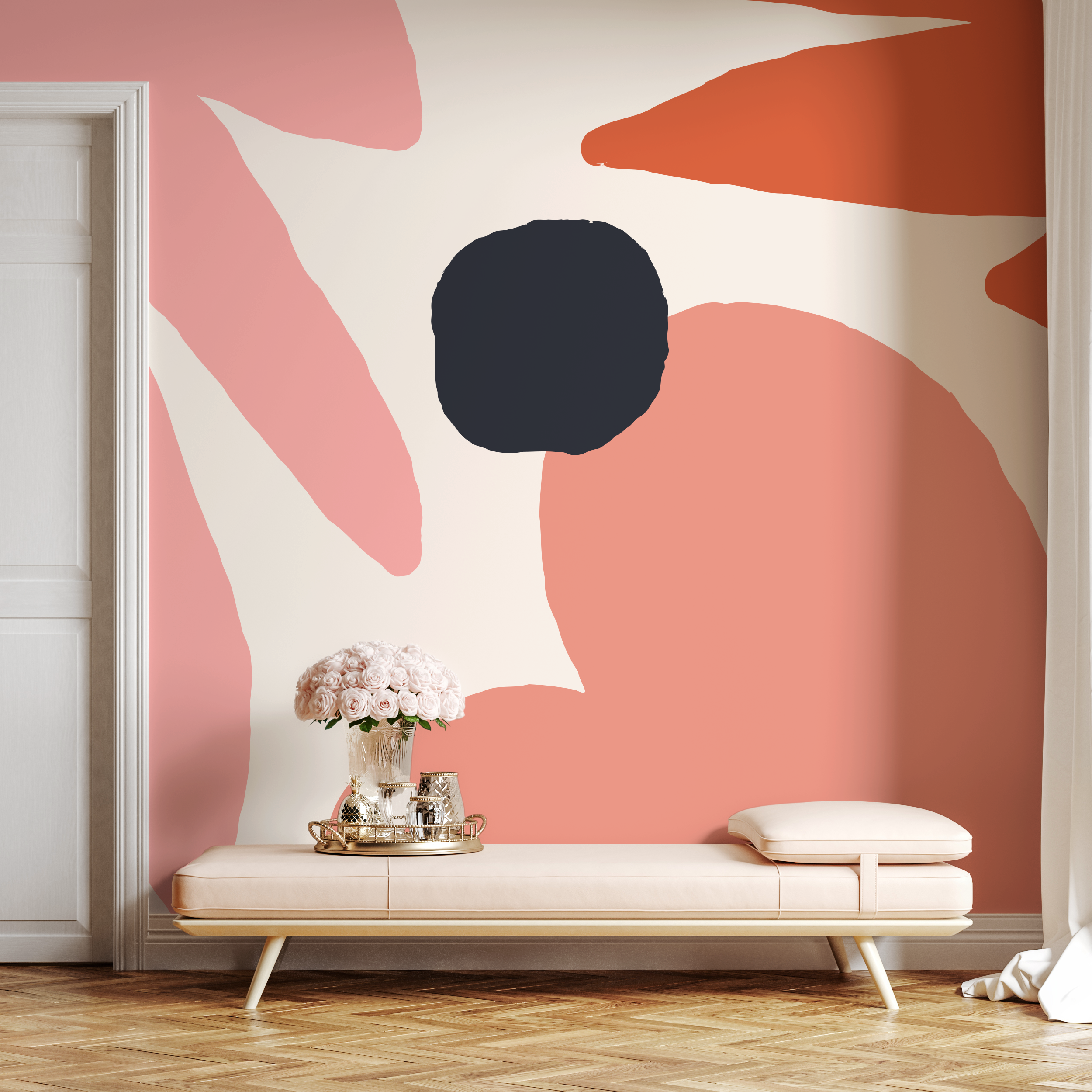 Abstract Wallpaper With Bold Organic Shapes In Pink, Orange, And Navy - B459