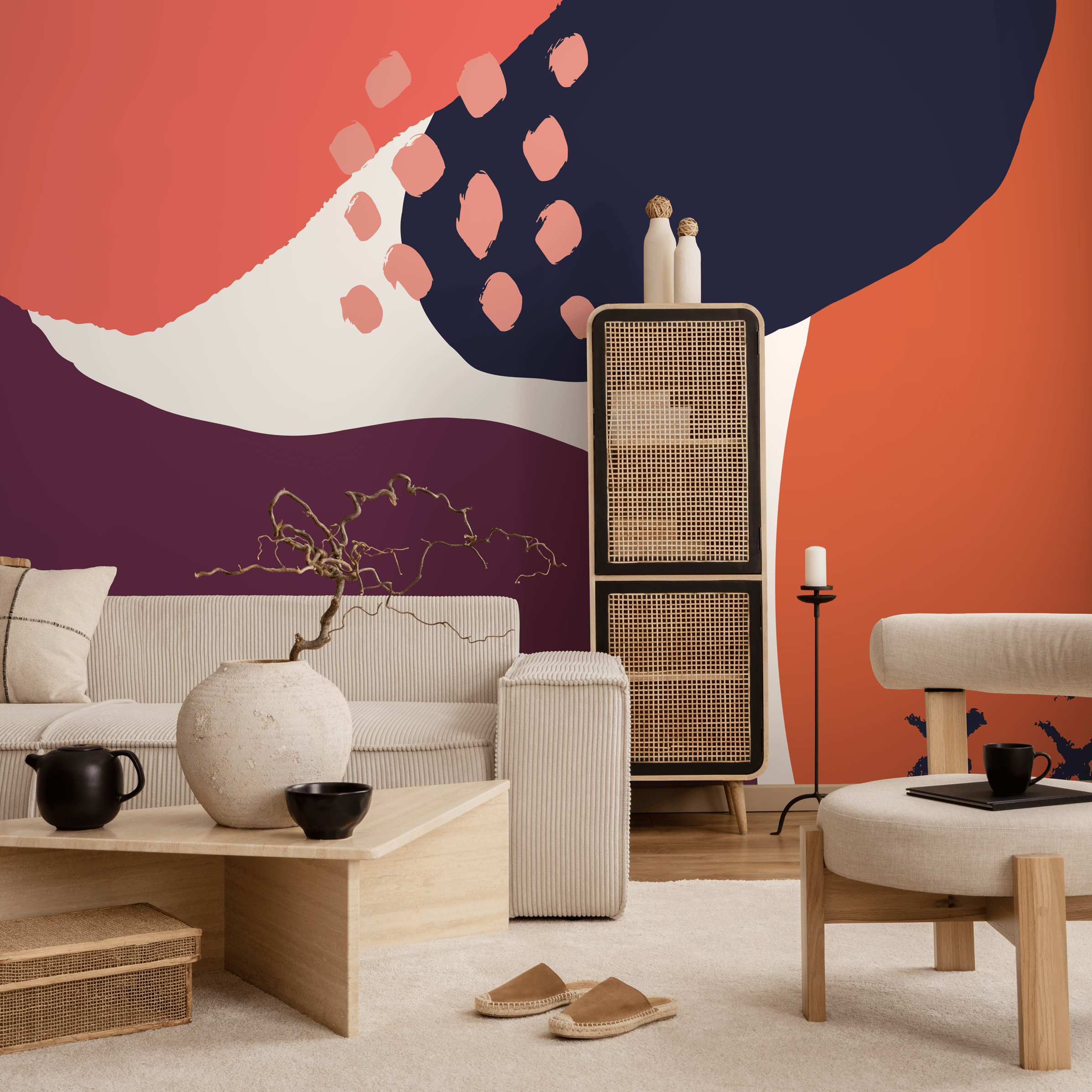 Abstract Wallpaper With Bold Organic Shapes In Blue, Orange, And Purple - B460