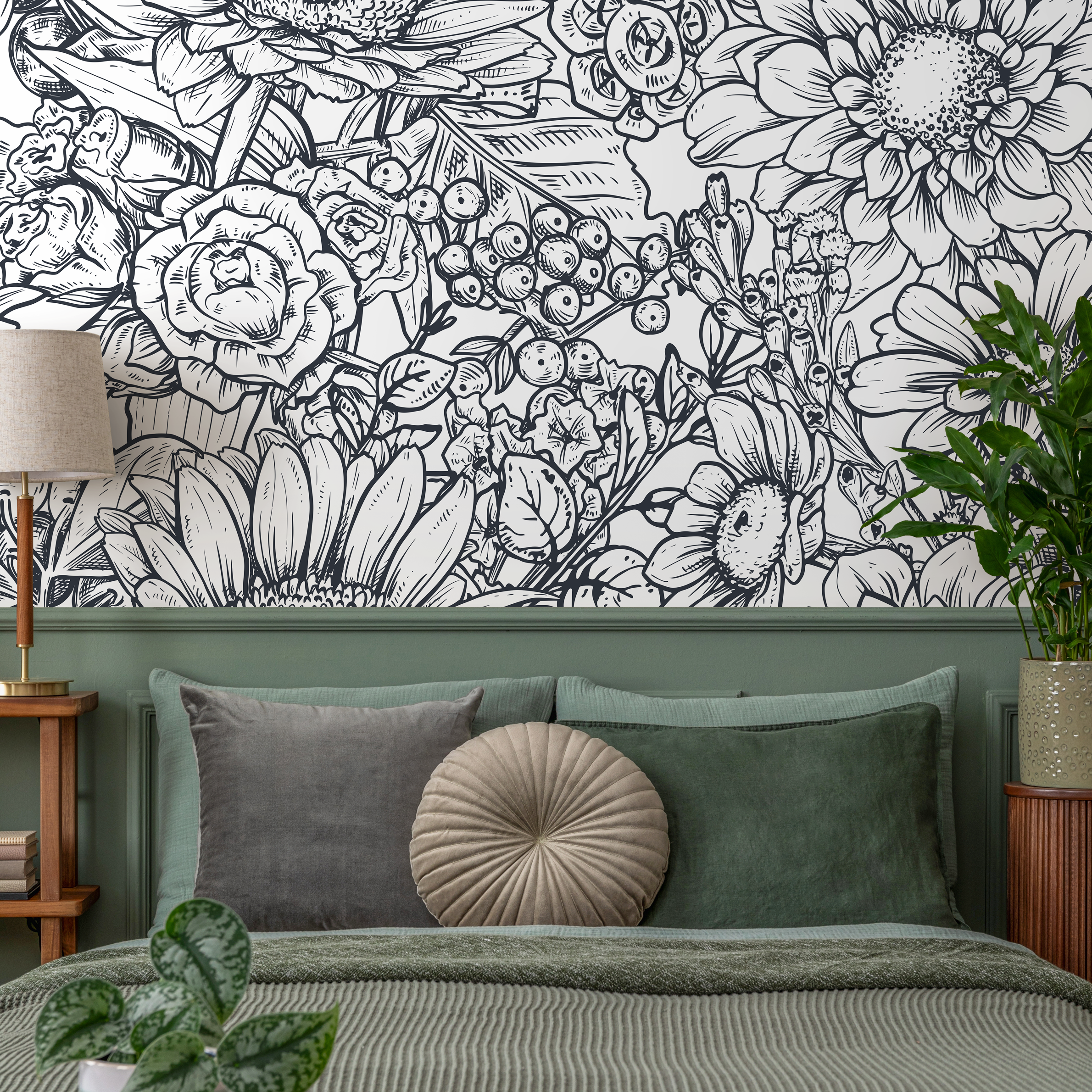 Floral Wallpaper Featuring A Hand-drawn Botanical Illustration In Black And White - B461